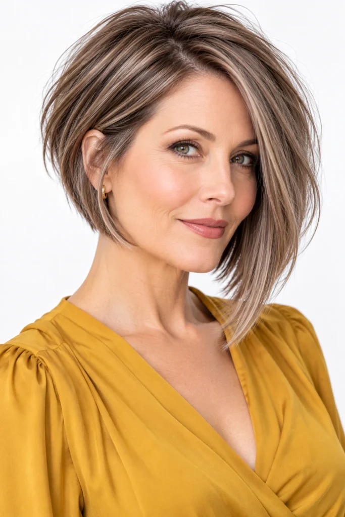 Asymmetrical textured bob with one side slightly longer than the other