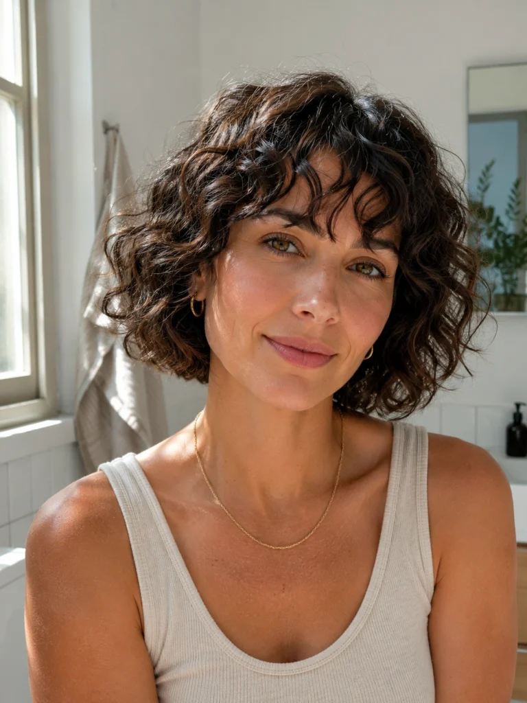 Curly french bob with curtain bangs blending into natural curls