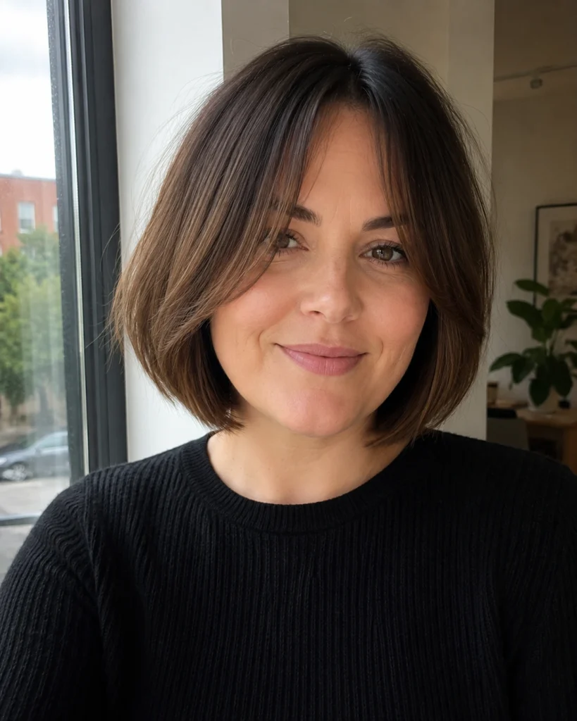 French Bob With Curtain Bangs for Round Faces