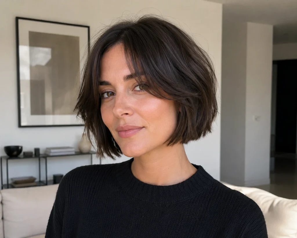 Short french bob with curtain bangs at jawline length