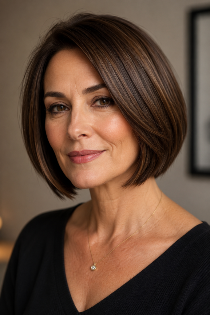 Short bob hairstyle for women over 50 with warm brunette color