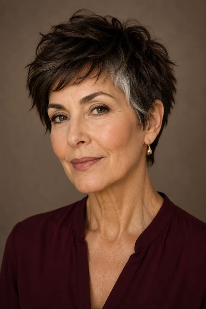 Brunette Shaggy Pixie With Gray Streak