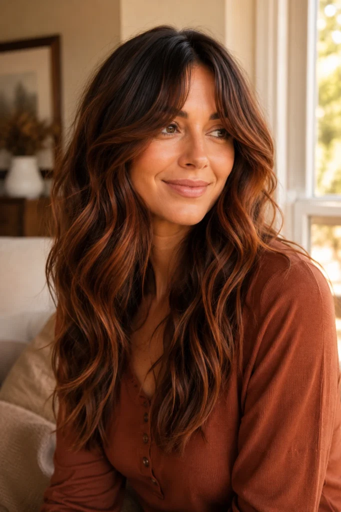 Curtain Bangs With Copper Balayage Layers