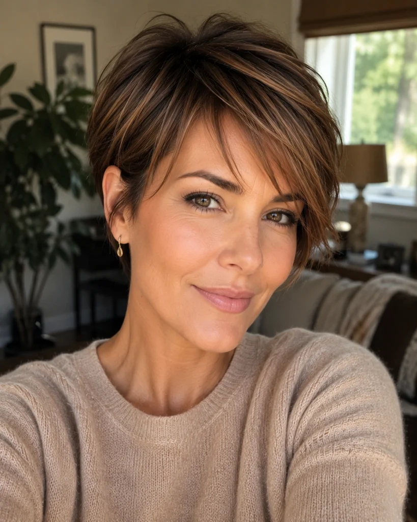 Warm Brown Pixie with Side Sweep