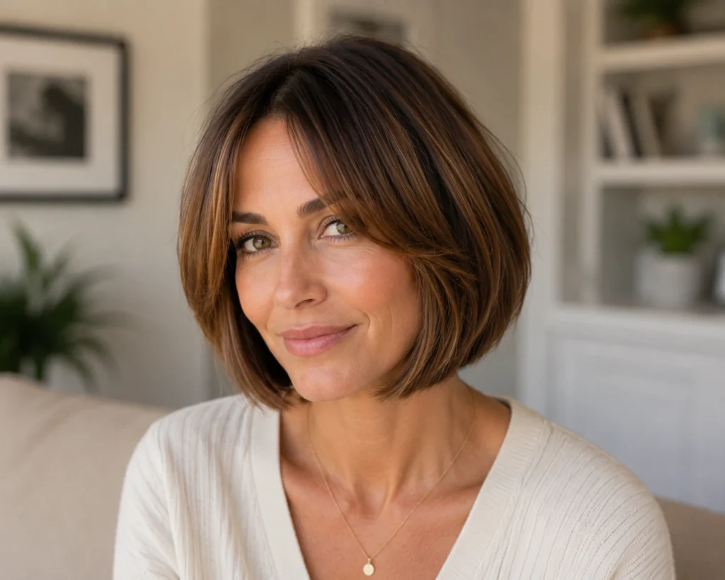 Warm Brown Bob with Curtain Bangs