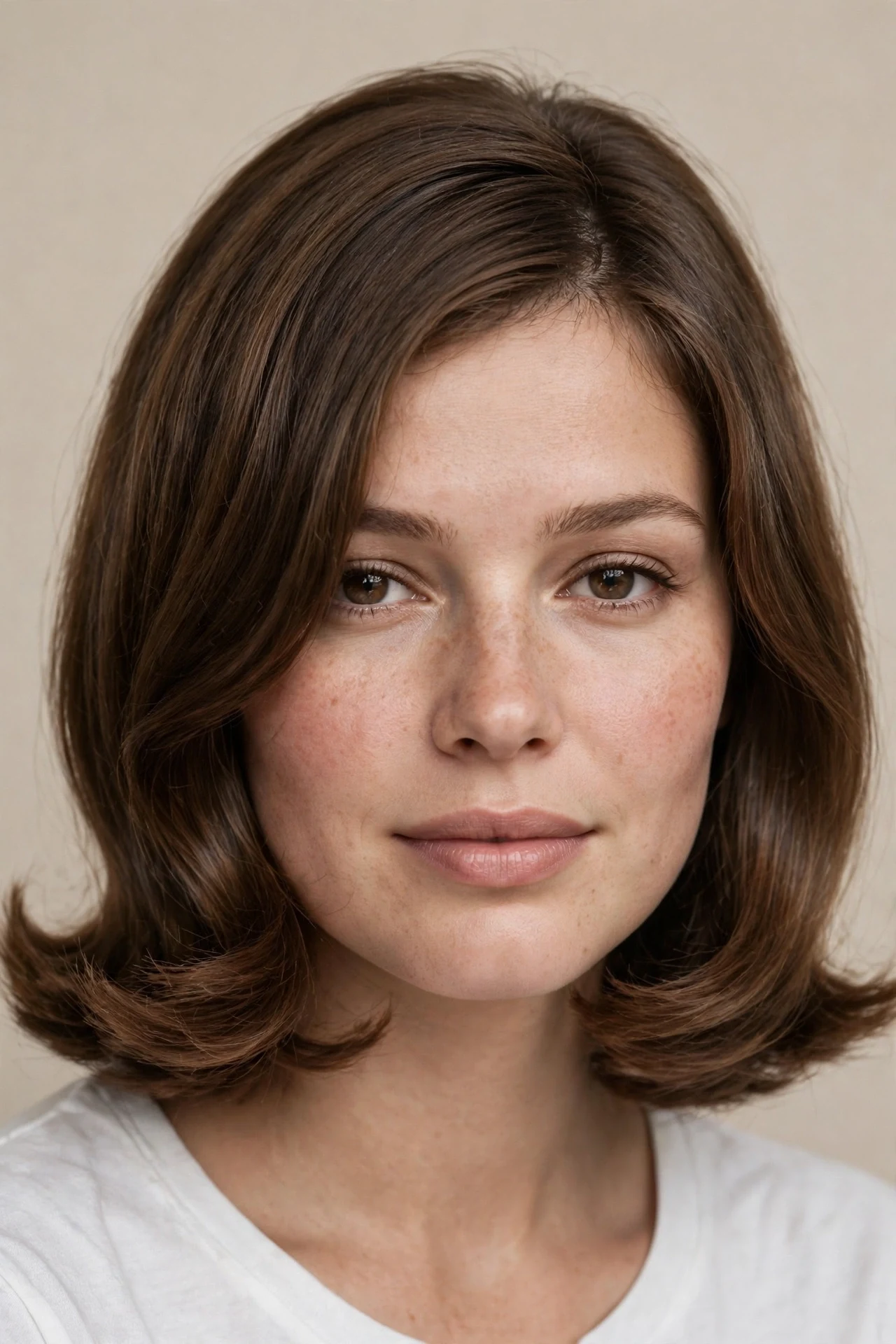 Longer 1960s bob for a round face with face framing layers