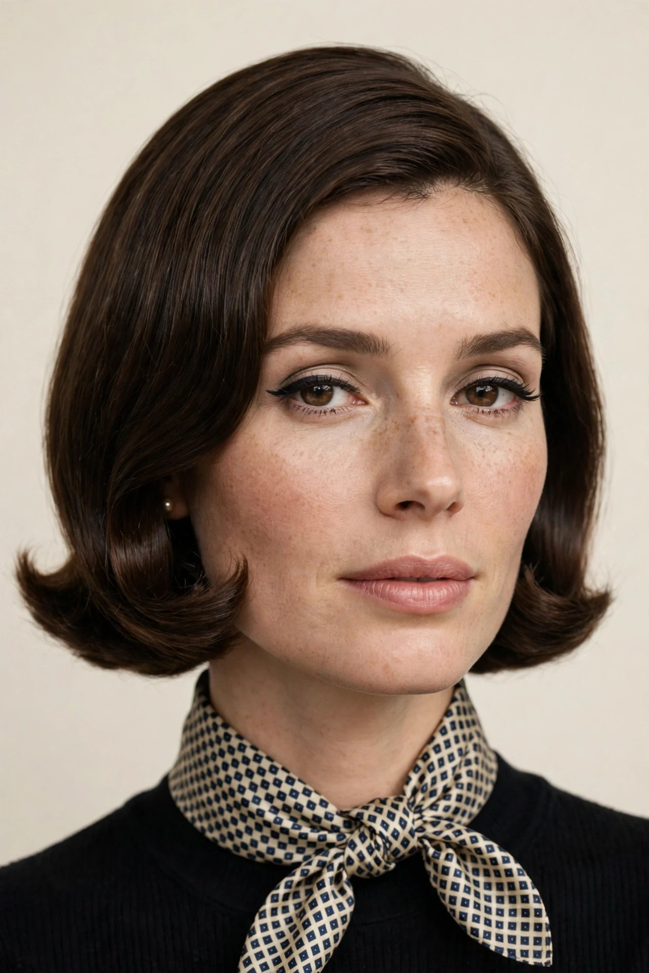 Smooth 1960s bob with a silk neck scarf