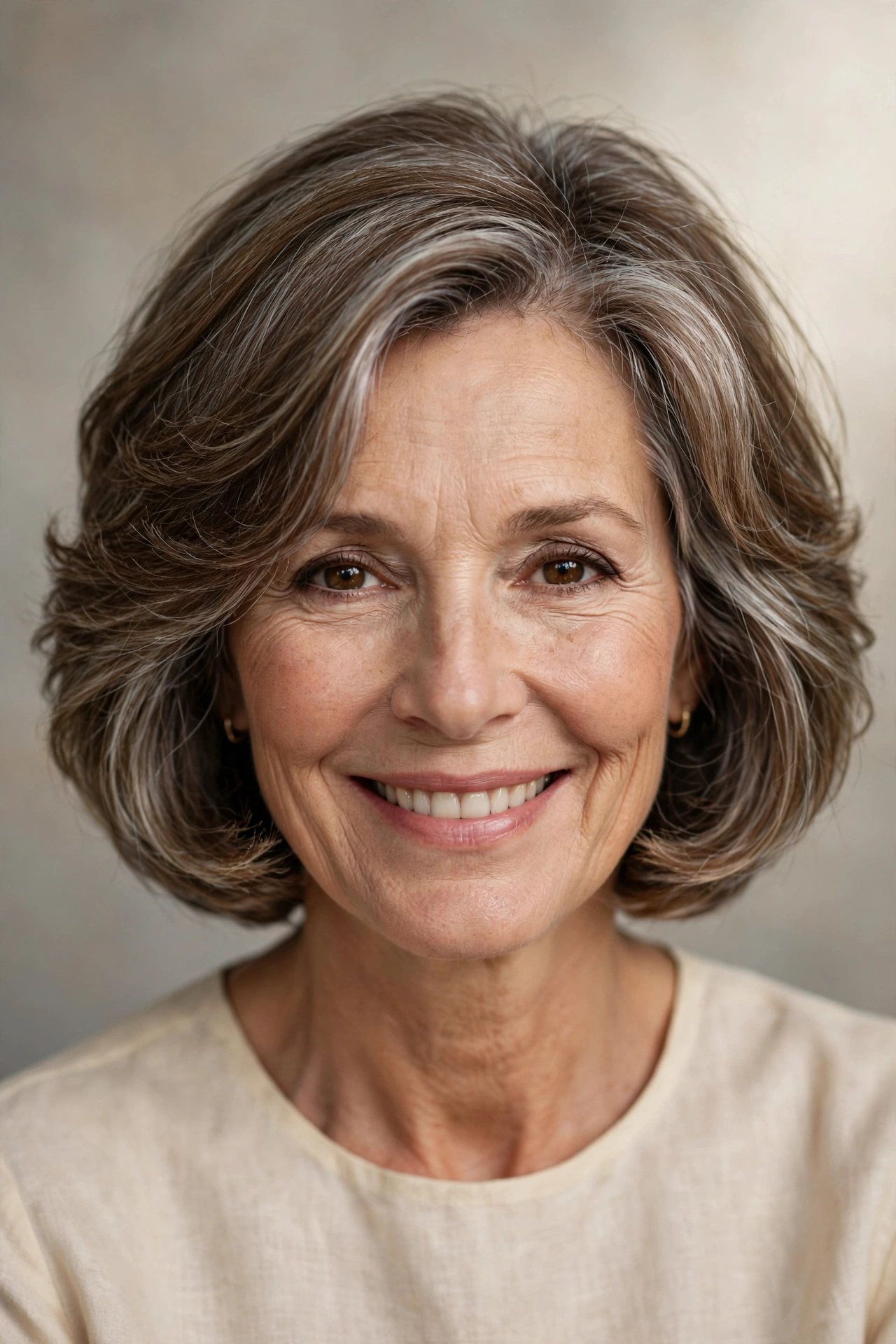 70s bob over 50 with soft feathered layers and silver streaks