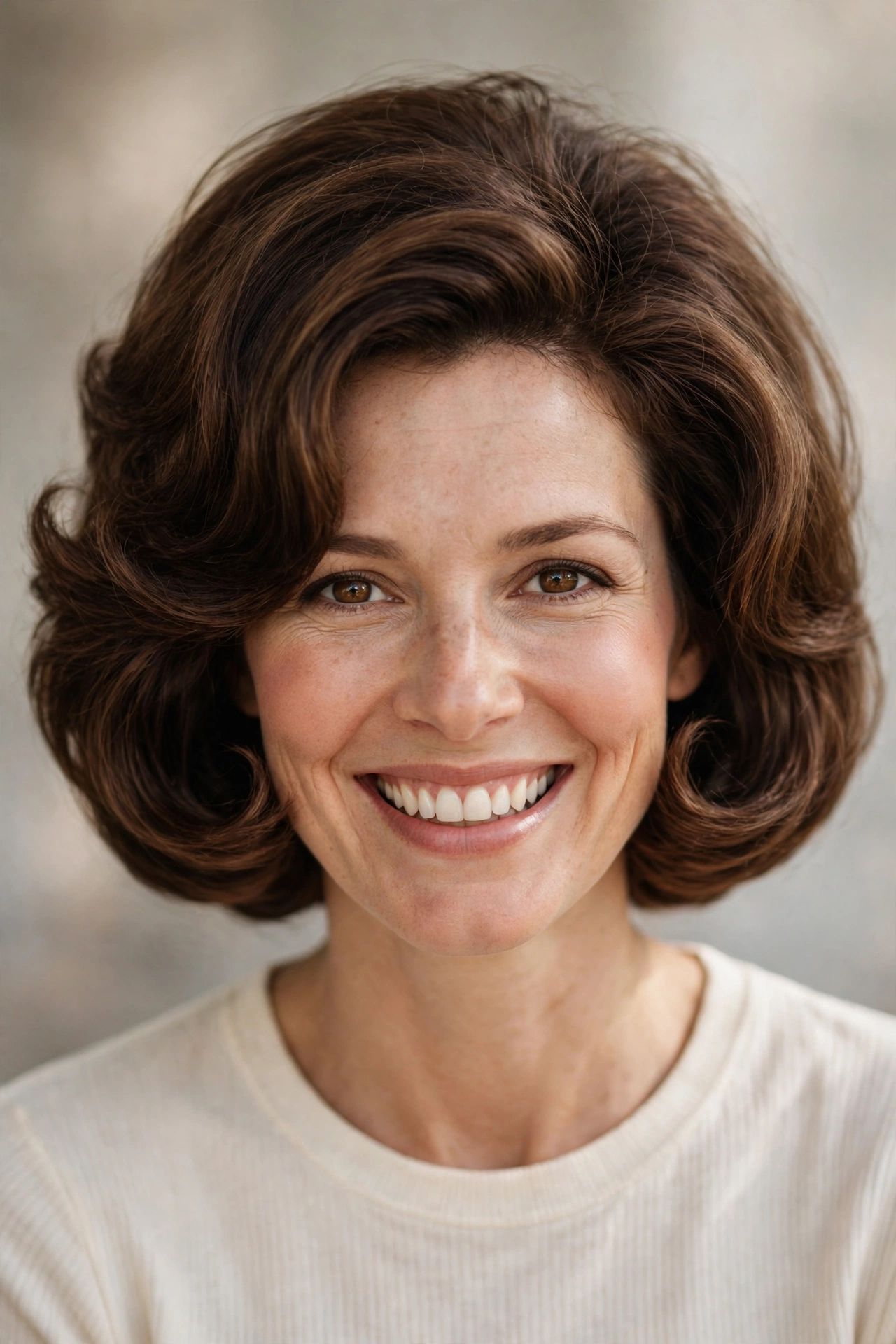 Bouncy blowout 70s bob with big rounded volume