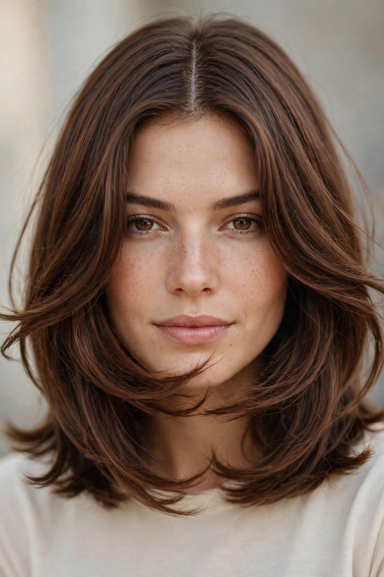 Center parted 70s bob with long flowing face framing layers