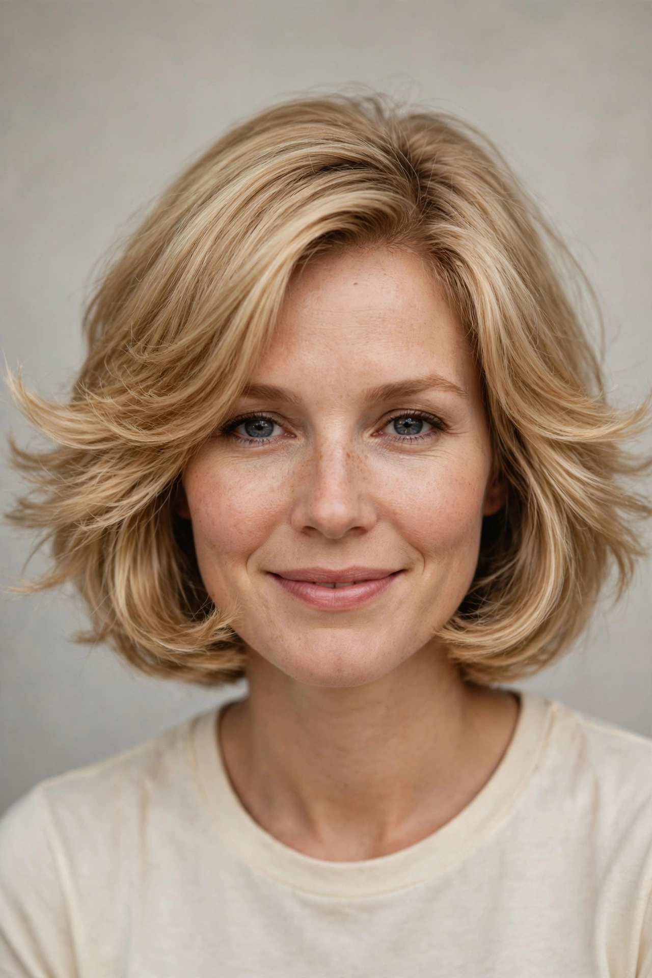Classic feathered 70s bob haircut with airy layers flicking away from the face
