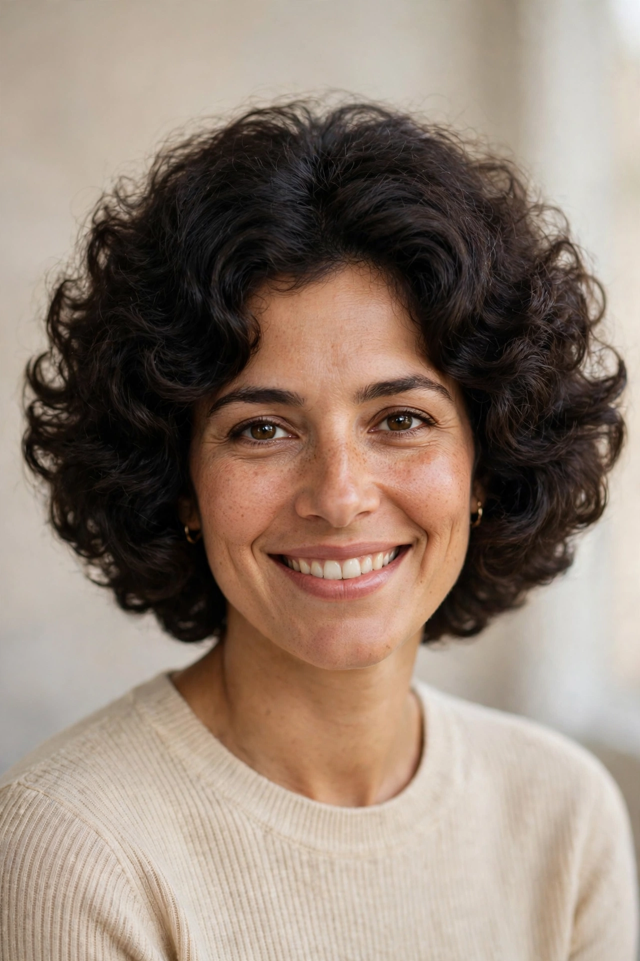 Rounded curly 70s bob with soft defined curls