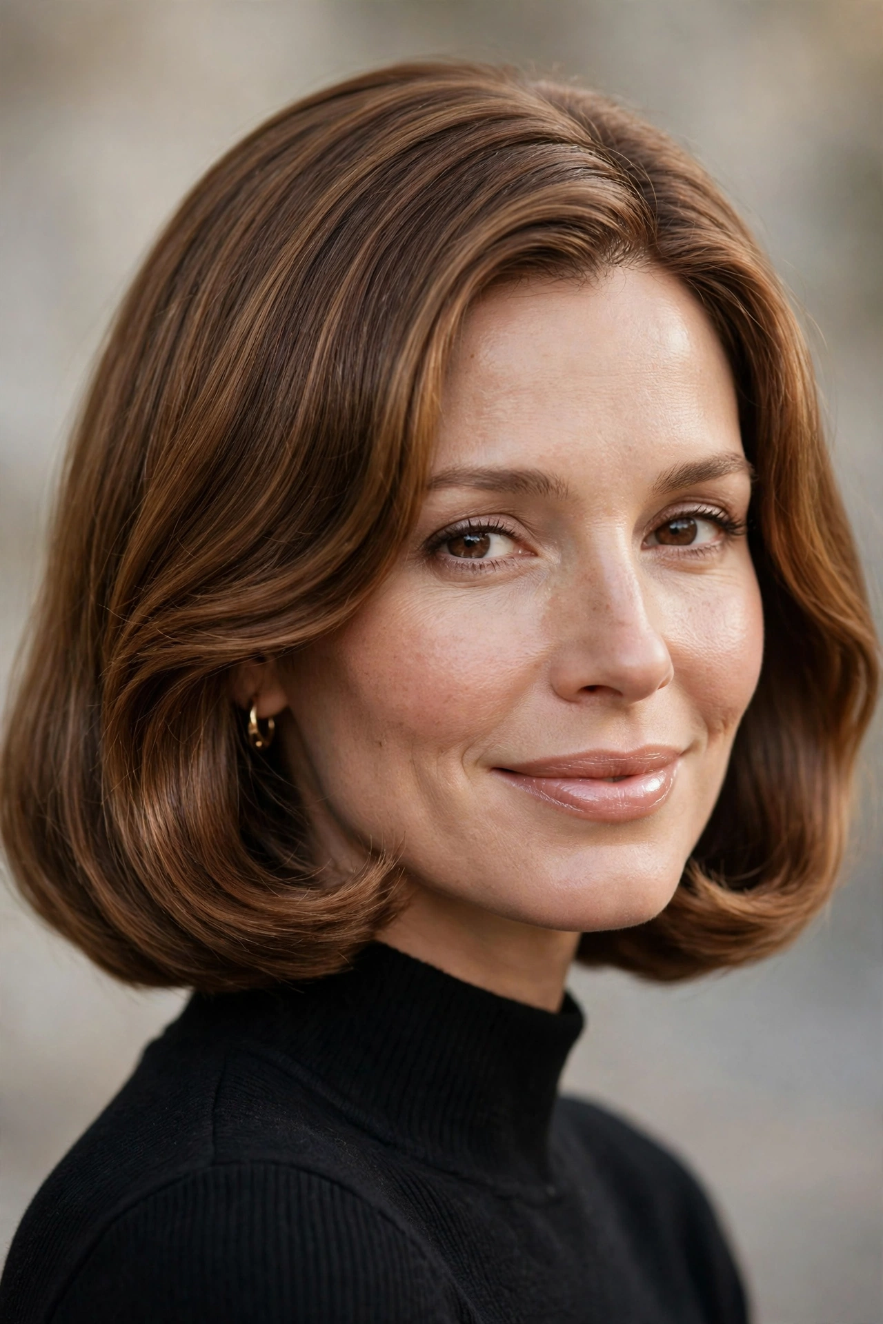 Polished evening 70s bob with smooth feathered layers and shine