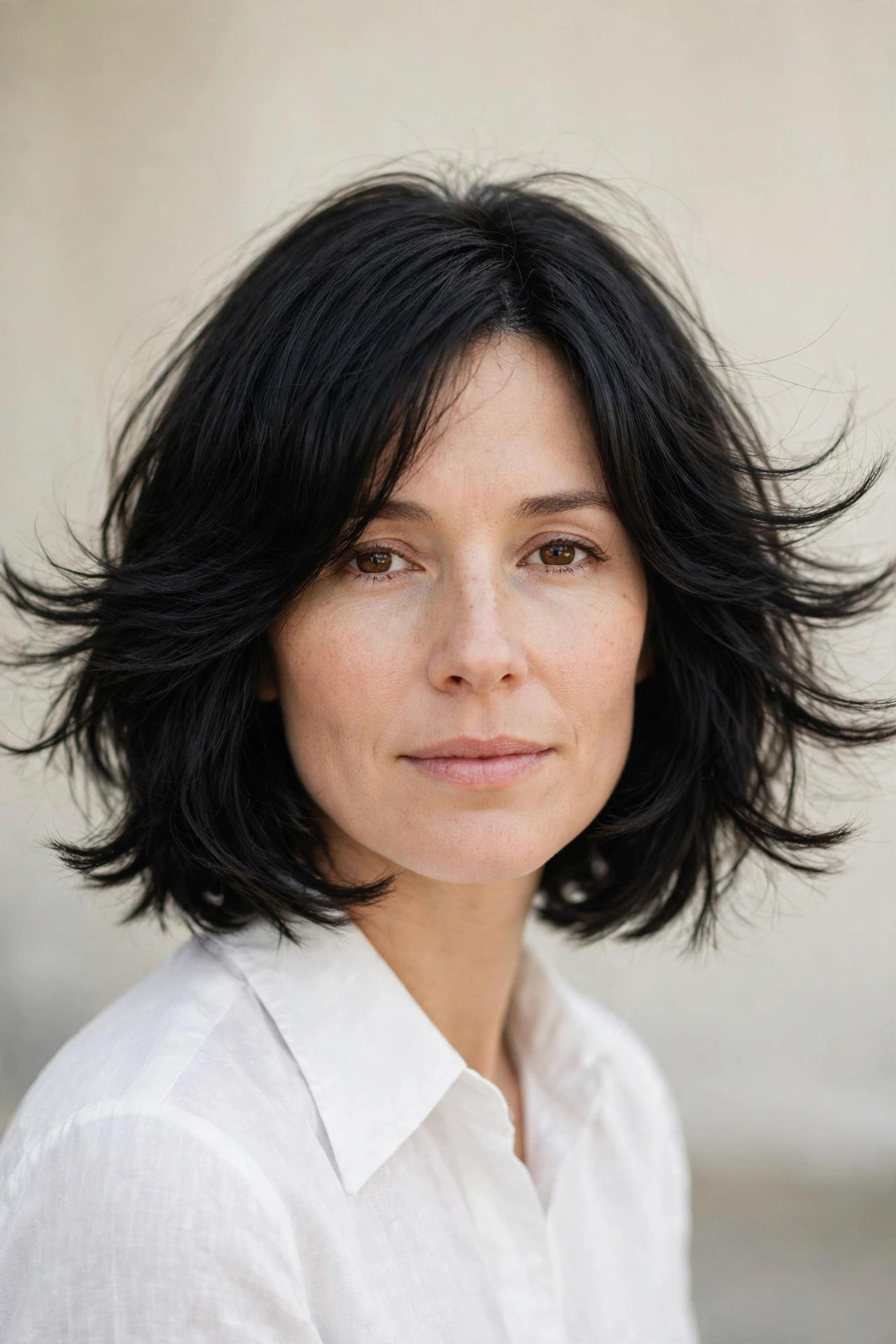Chin length feathered bob with short airy layers around the face