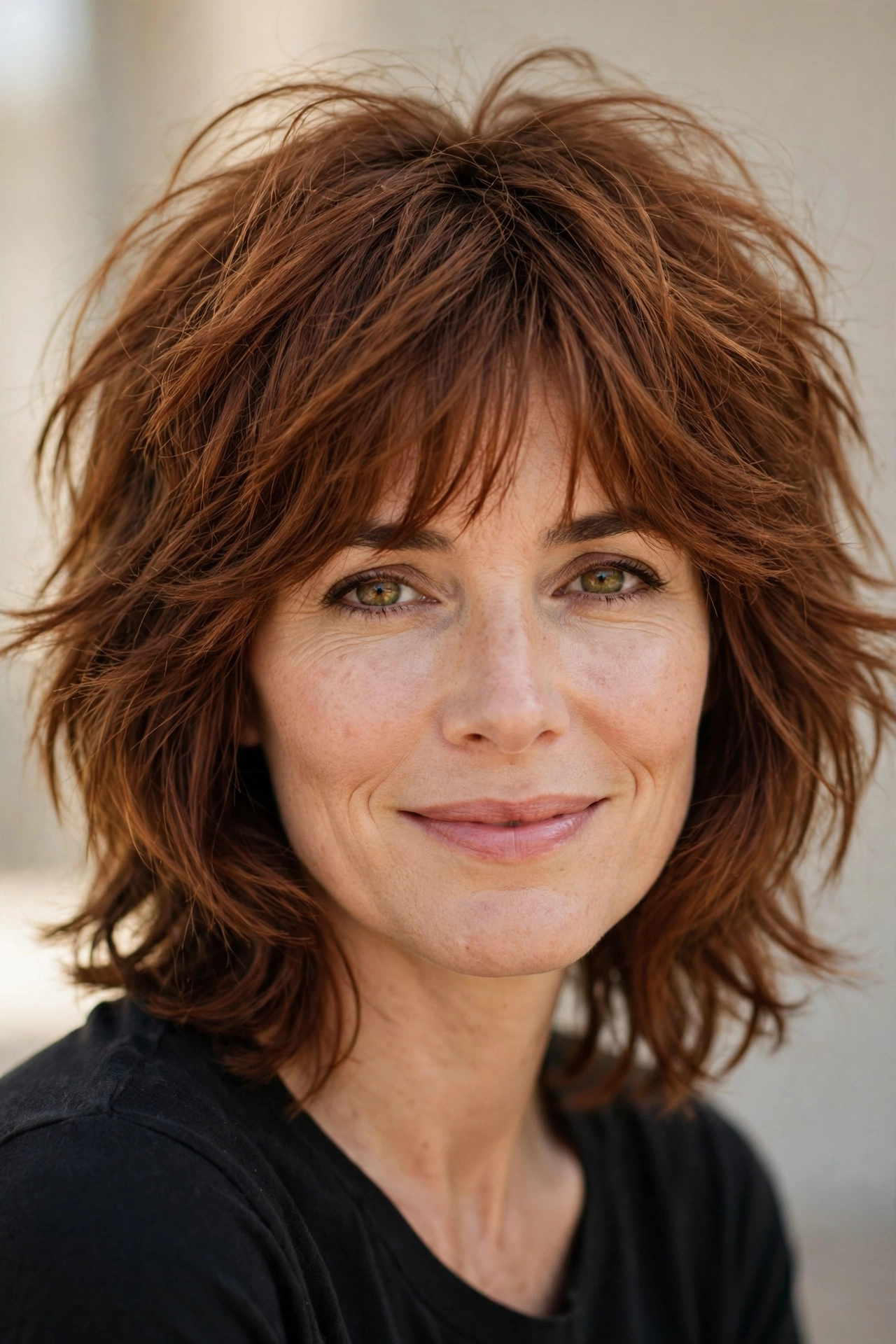 Shaggy 70s bob with choppy textured layers and piecey ends
