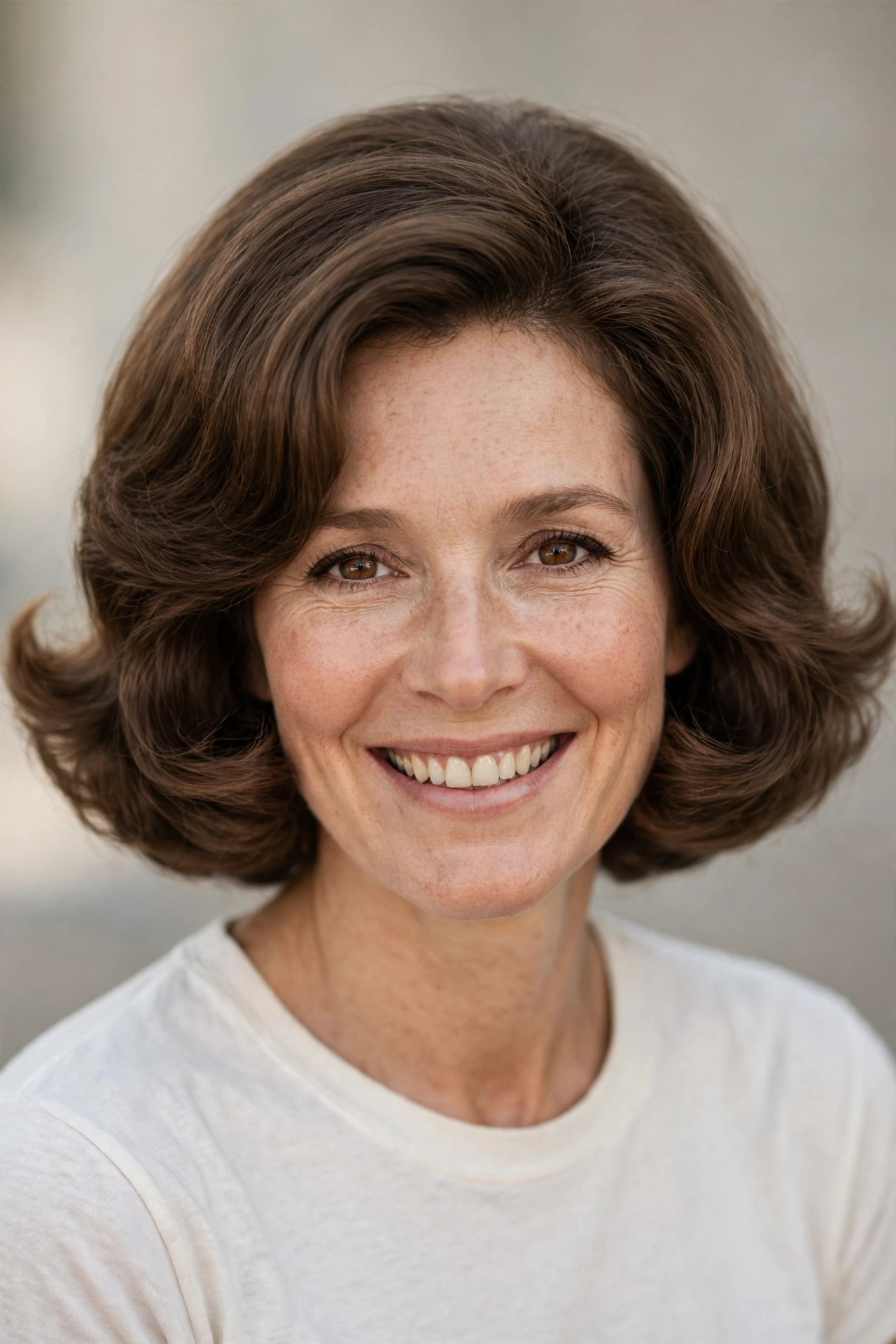 Soft voluminous 70s bob with a rounded blowout shape