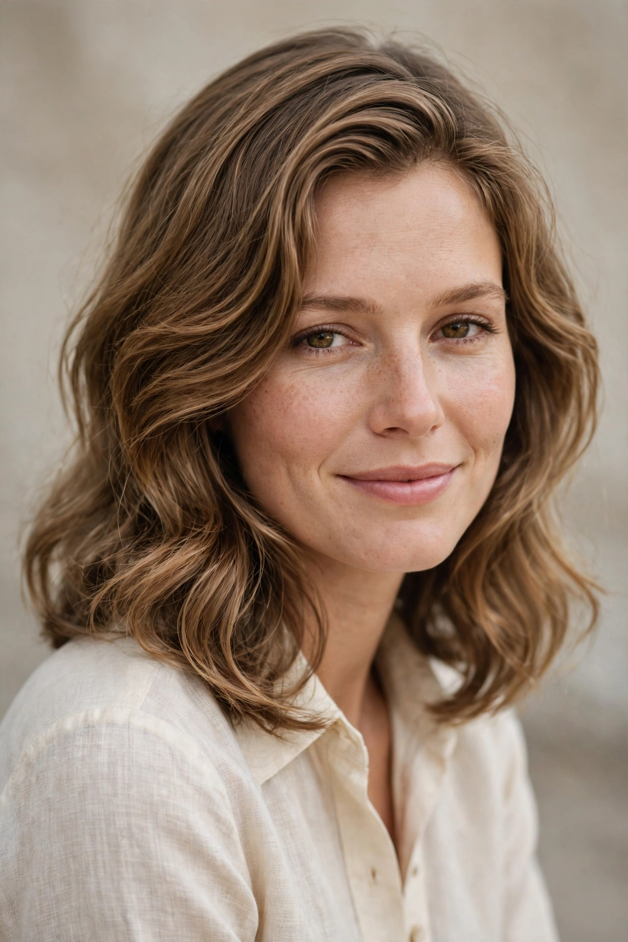 Loose wavy 70s bob with soft natural waves and a side part