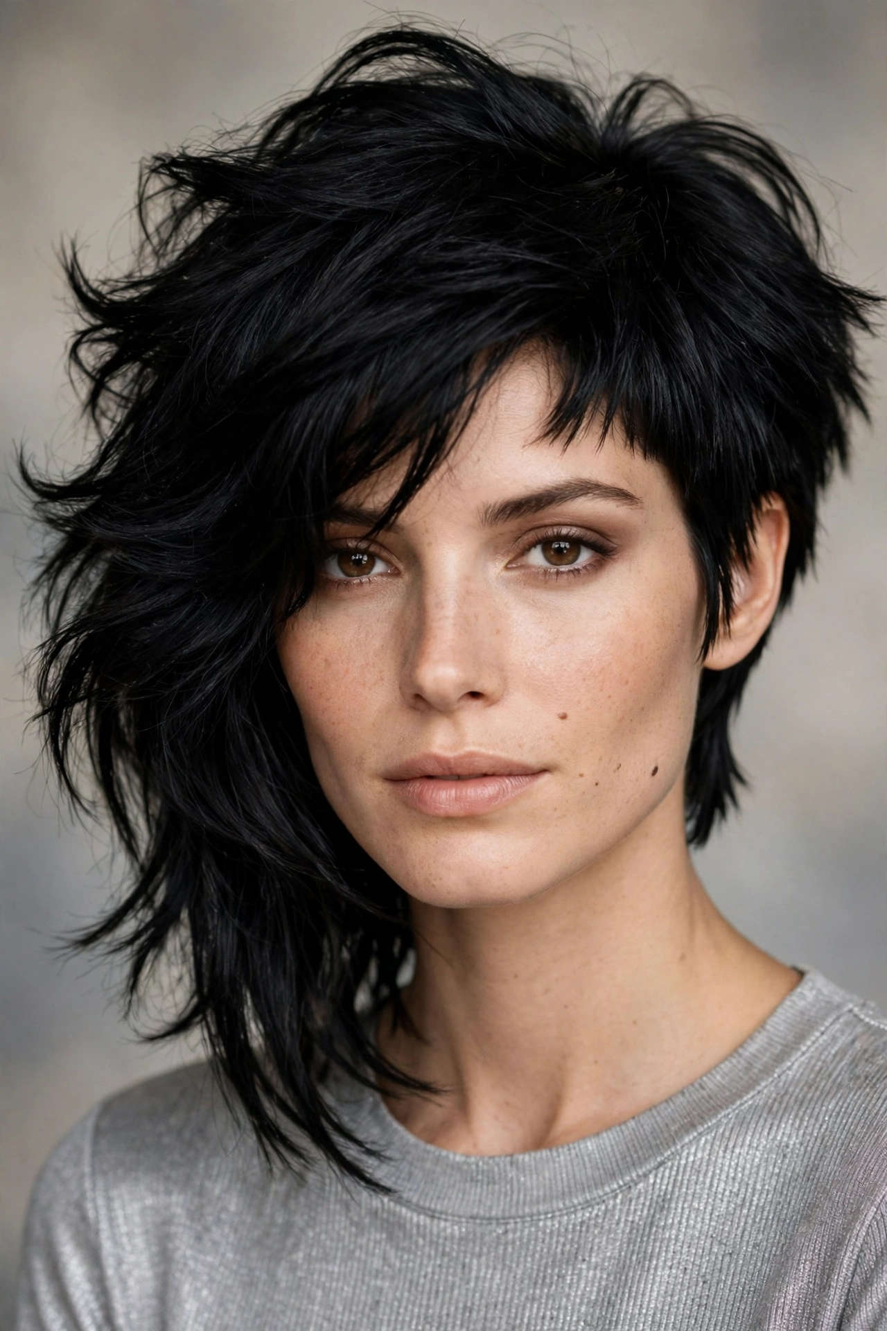 Asymmetrical 80s bob haircut with one side longer than the other