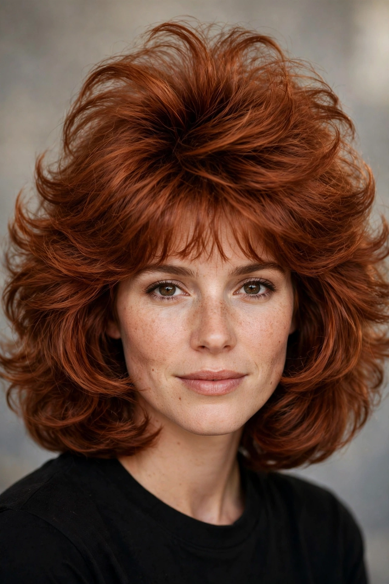 80s bob haircut with big voluminous bangs and a bouncy shape