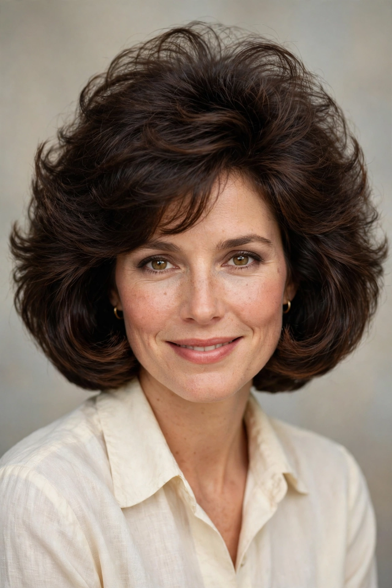 Classic voluminous 80s bob haircut with a big round brush blowout