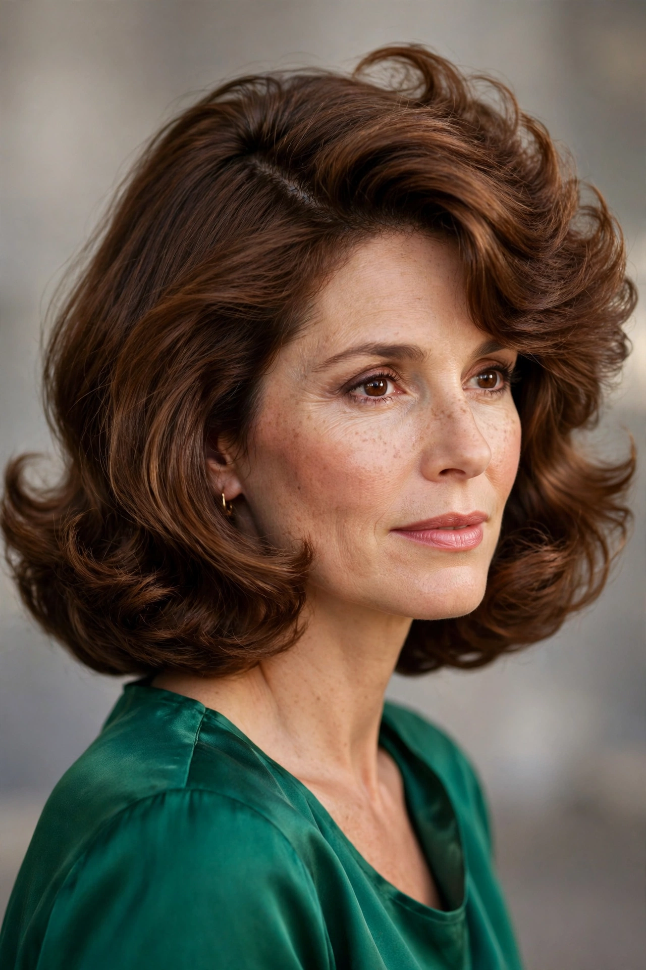 Deep side part 80s bob haircut with sweeping glamorous volume