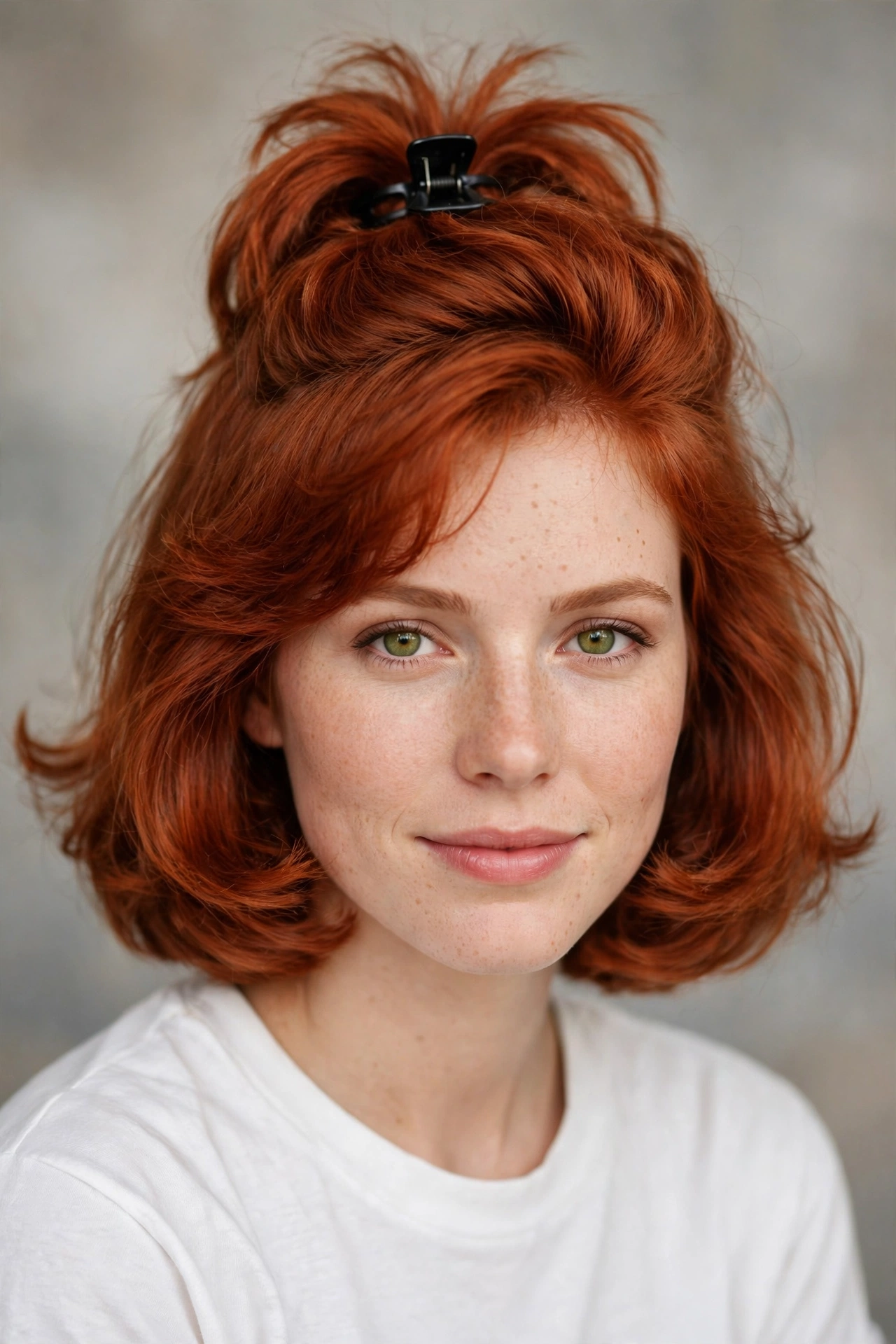 Half up 80s bob haircut with the top section clipped up