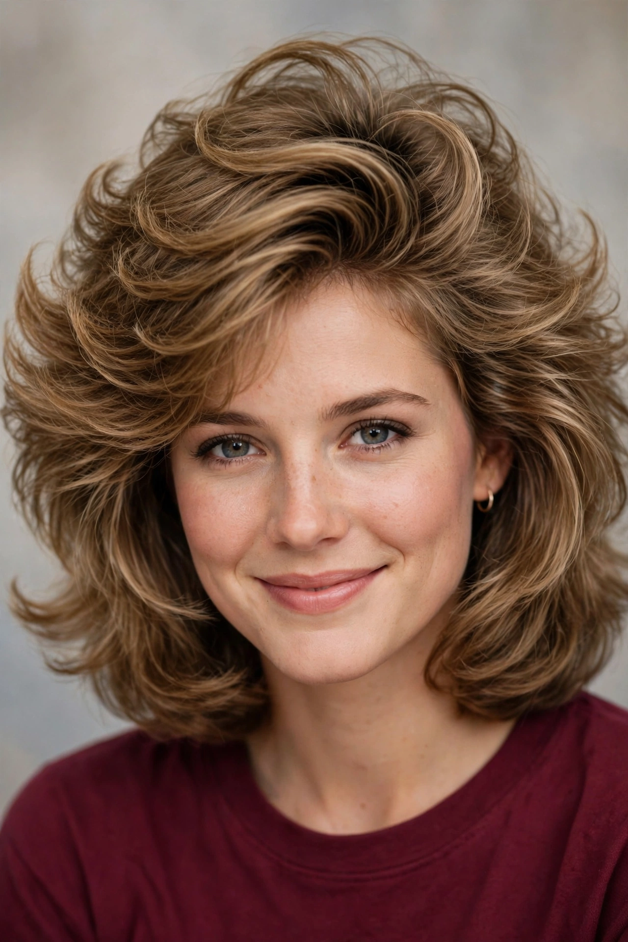 Voluminous 80s bob haircut with big bouncy blow dried layers