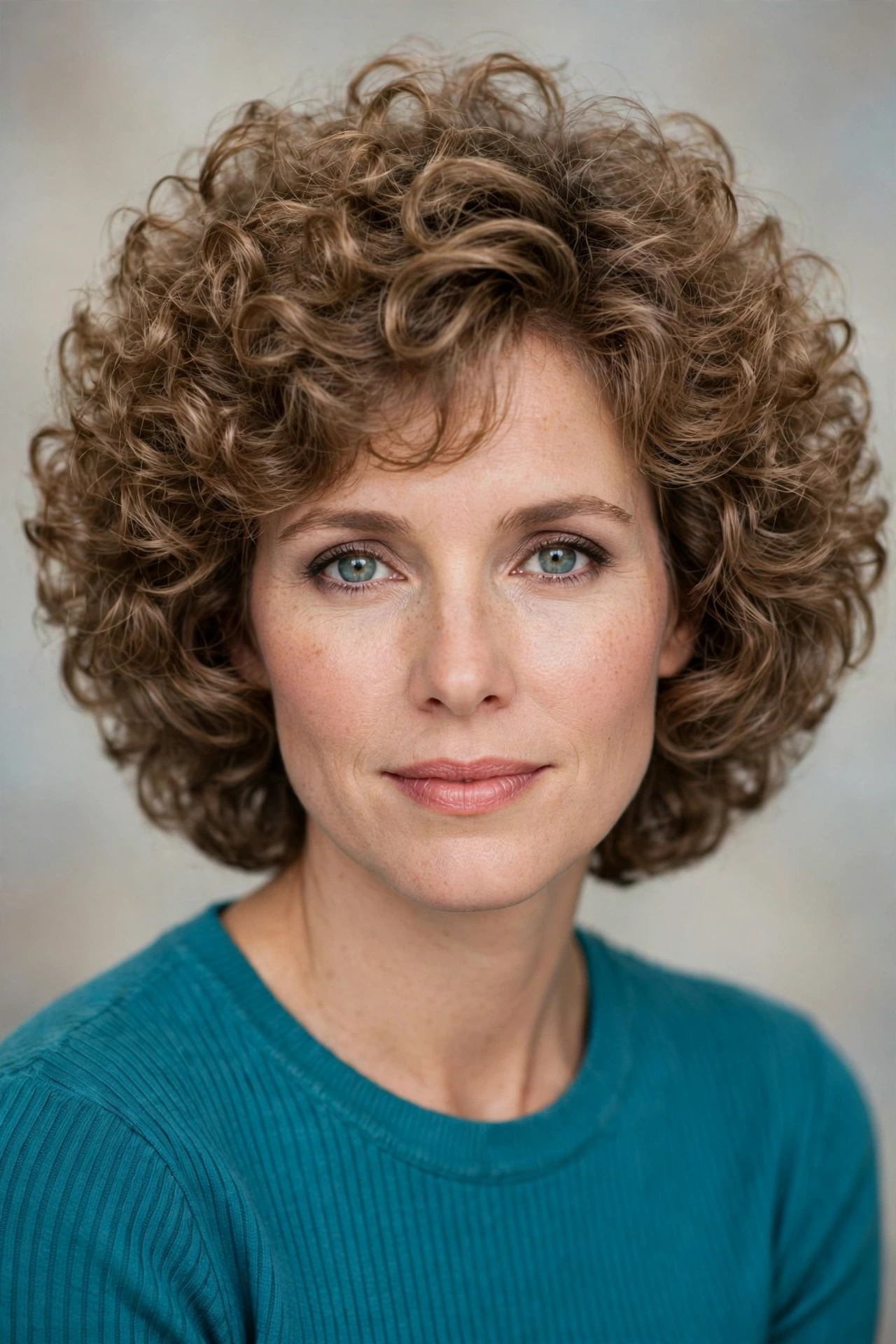 Permed 80s bob haircut with tight springy curls and big volume