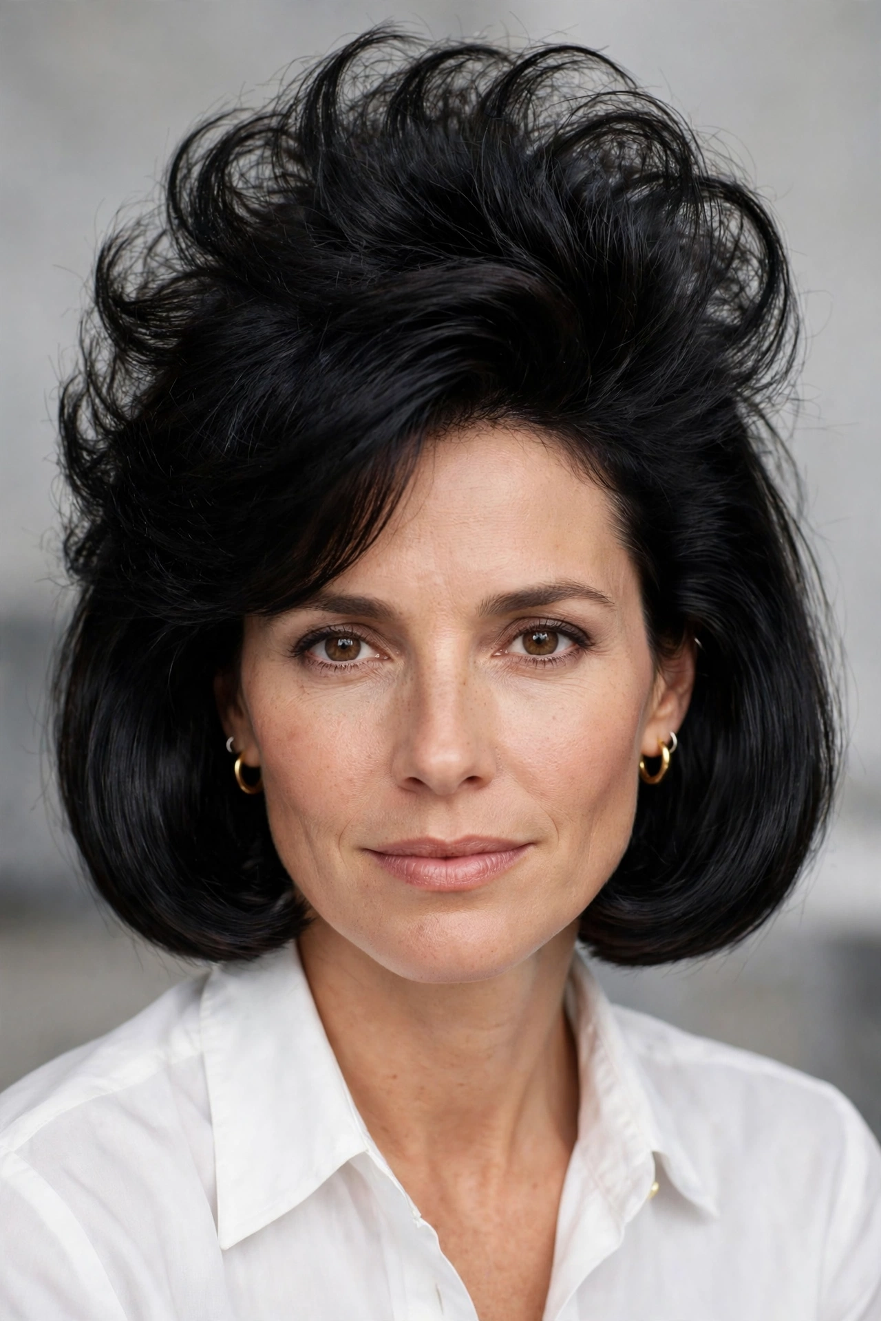 80s bob haircut with sleek sides and a big teased crown