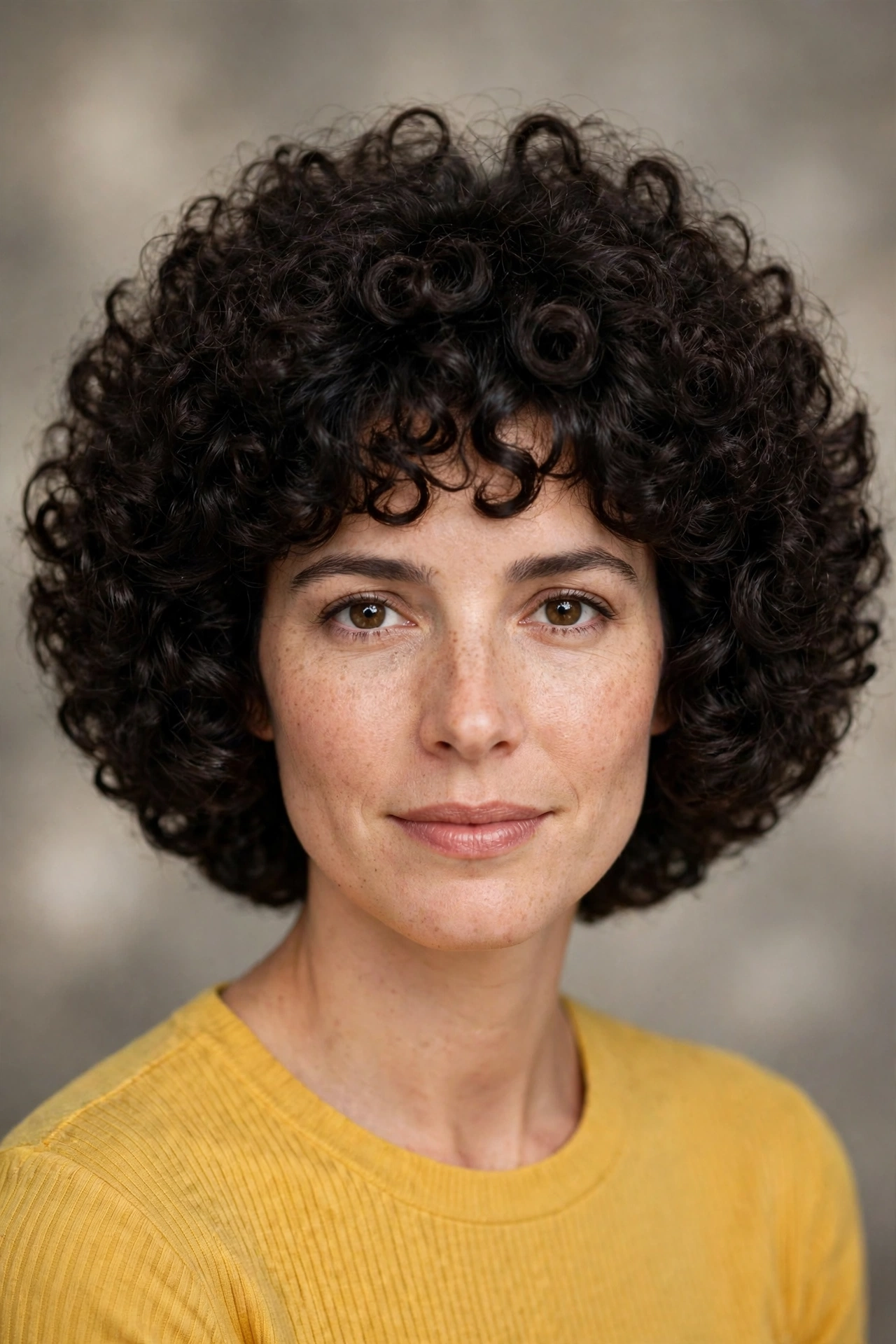 Tight curl 80s bob haircut with a rounded big silhouette