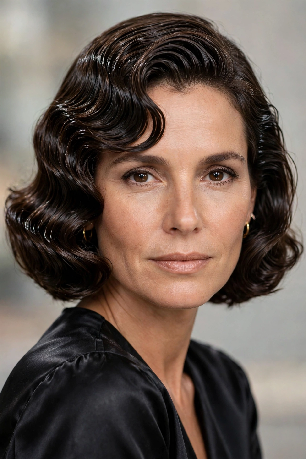 Wet look waved 80s bob haircut with glossy sculpted waves