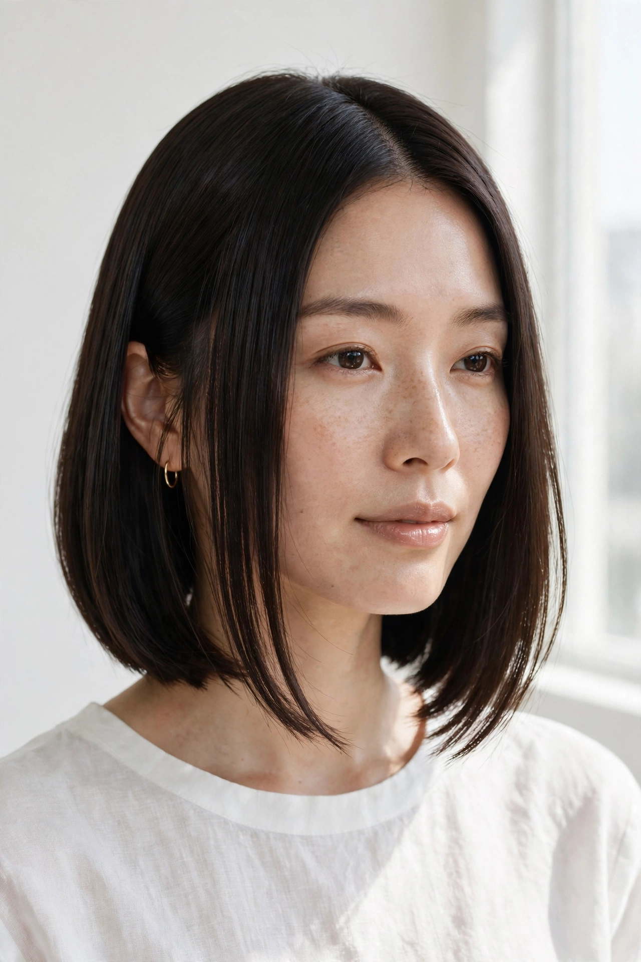 A-line bob on straight dark hair, longer in front, with center part