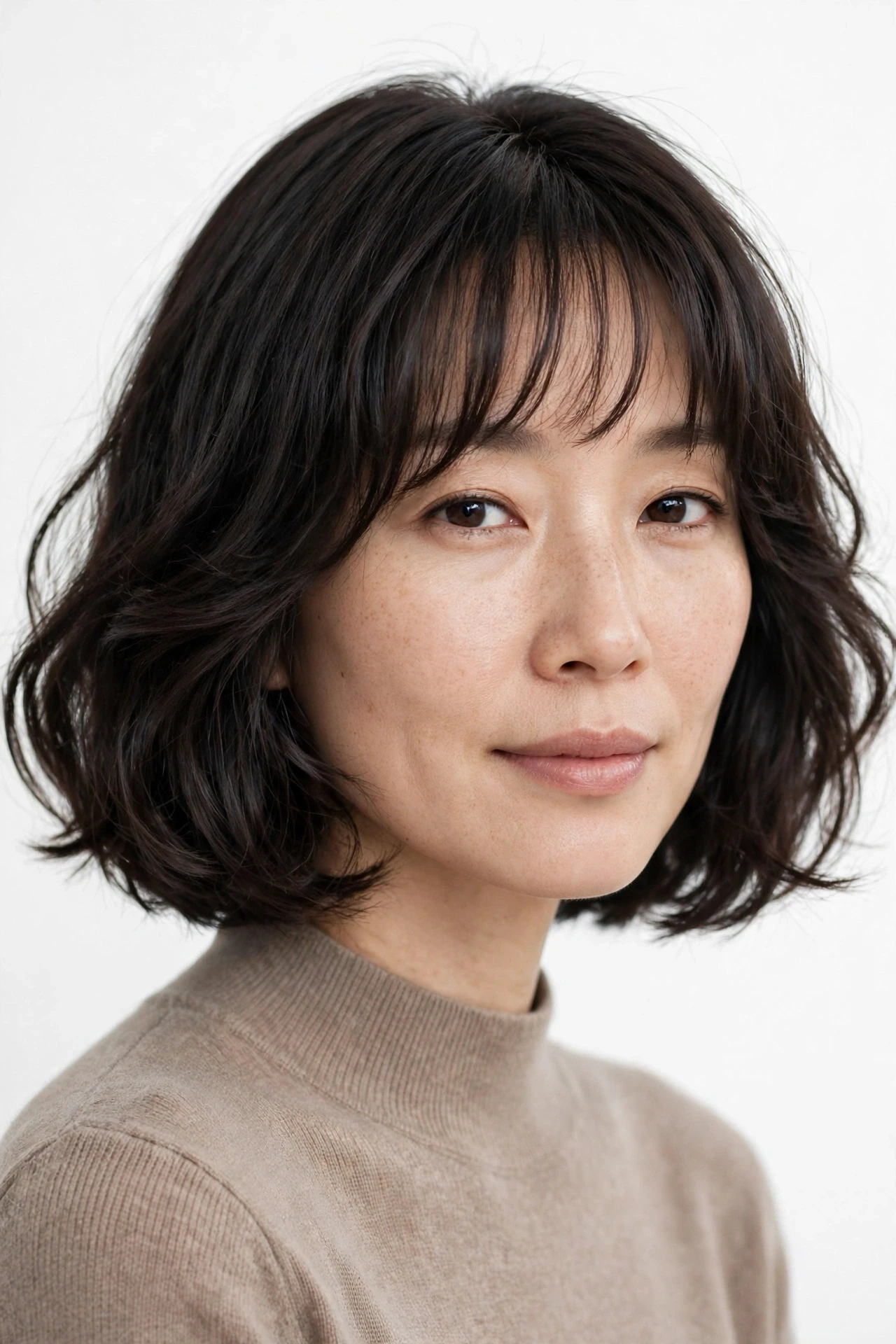 Asian bob for a longer face with width and soft waves