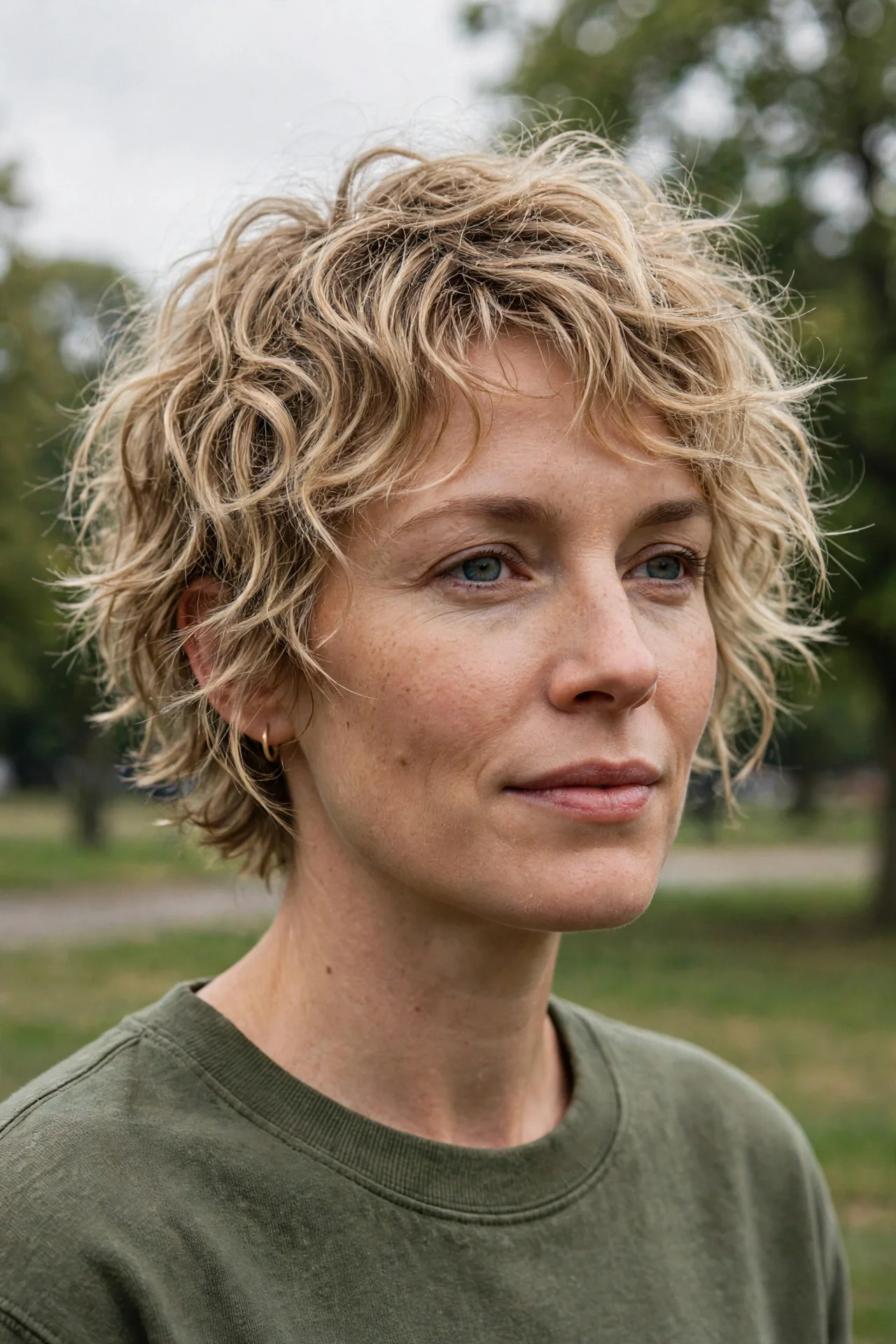Woman in her 30s with fine wavy dirty-blonde hair in an air-dried tousled bixie
