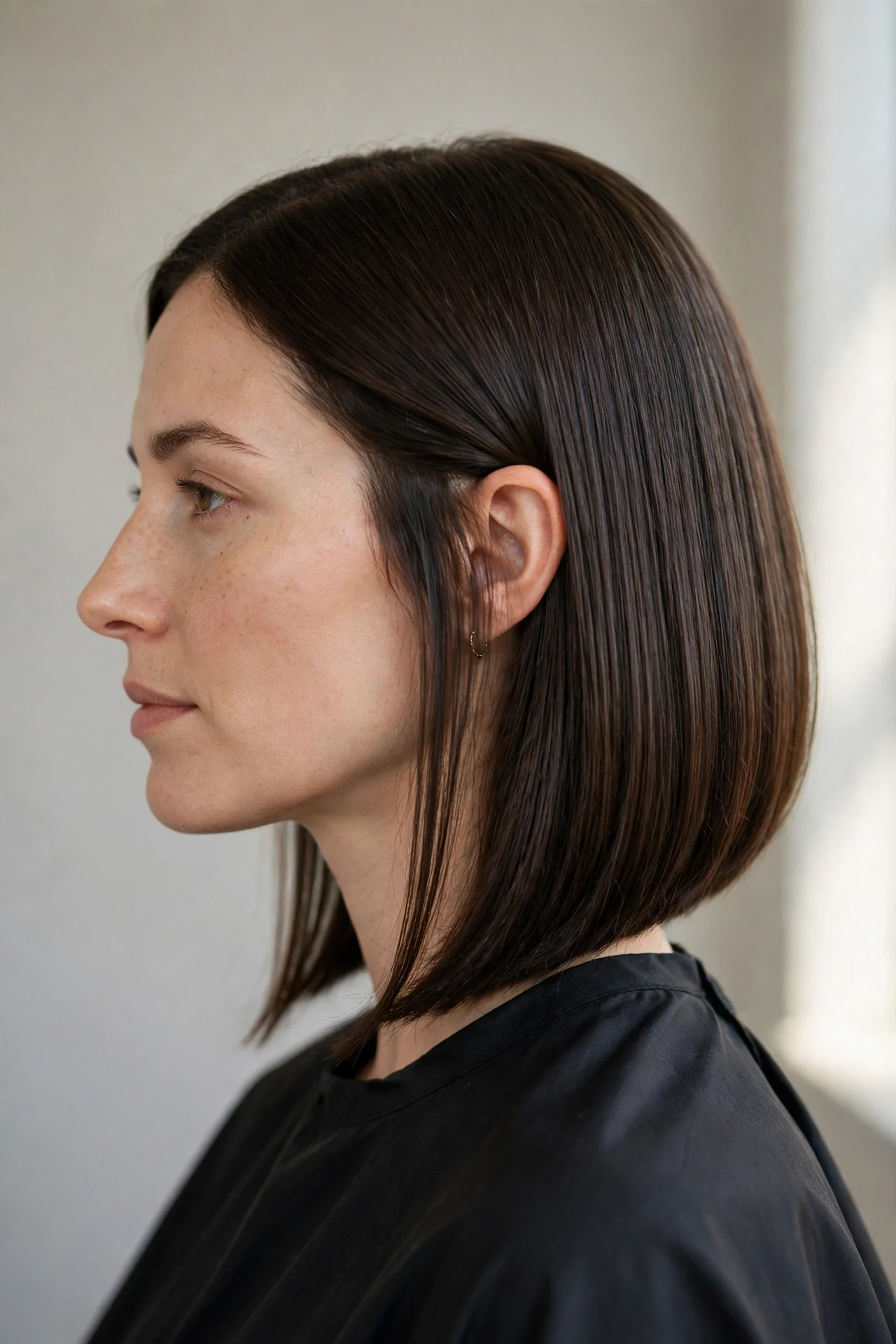 Aline long bob haircut with a subtle angled cut, side profile view