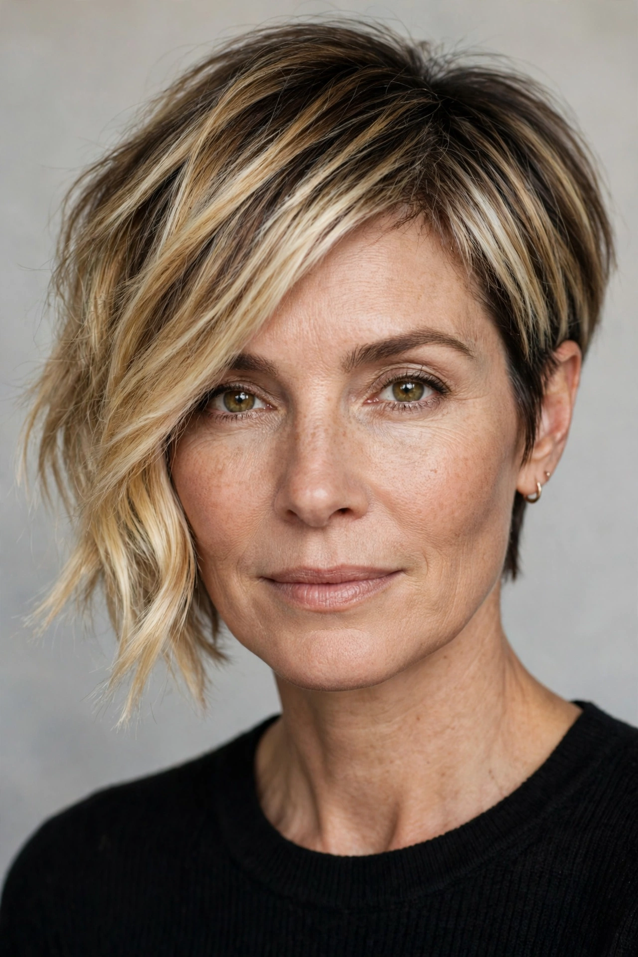 Blonde balayage asymmetrical pixie bob with darker roots