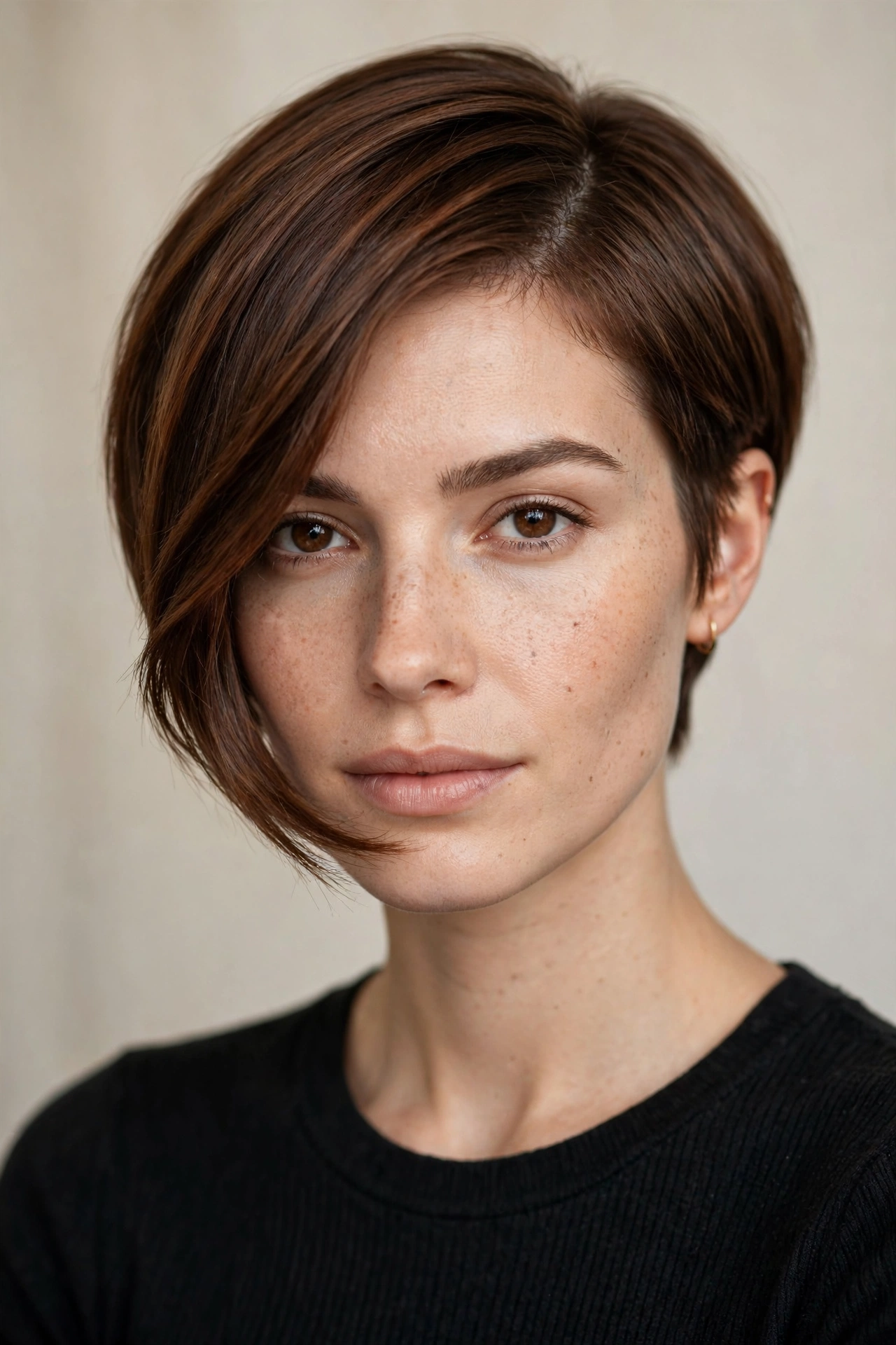 Classic asymmetrical pixie bob haircut with a long side swept front piece
