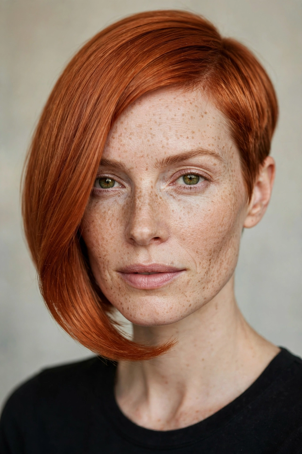 Copper asymmetrical pixie bob with vivid ginger colour