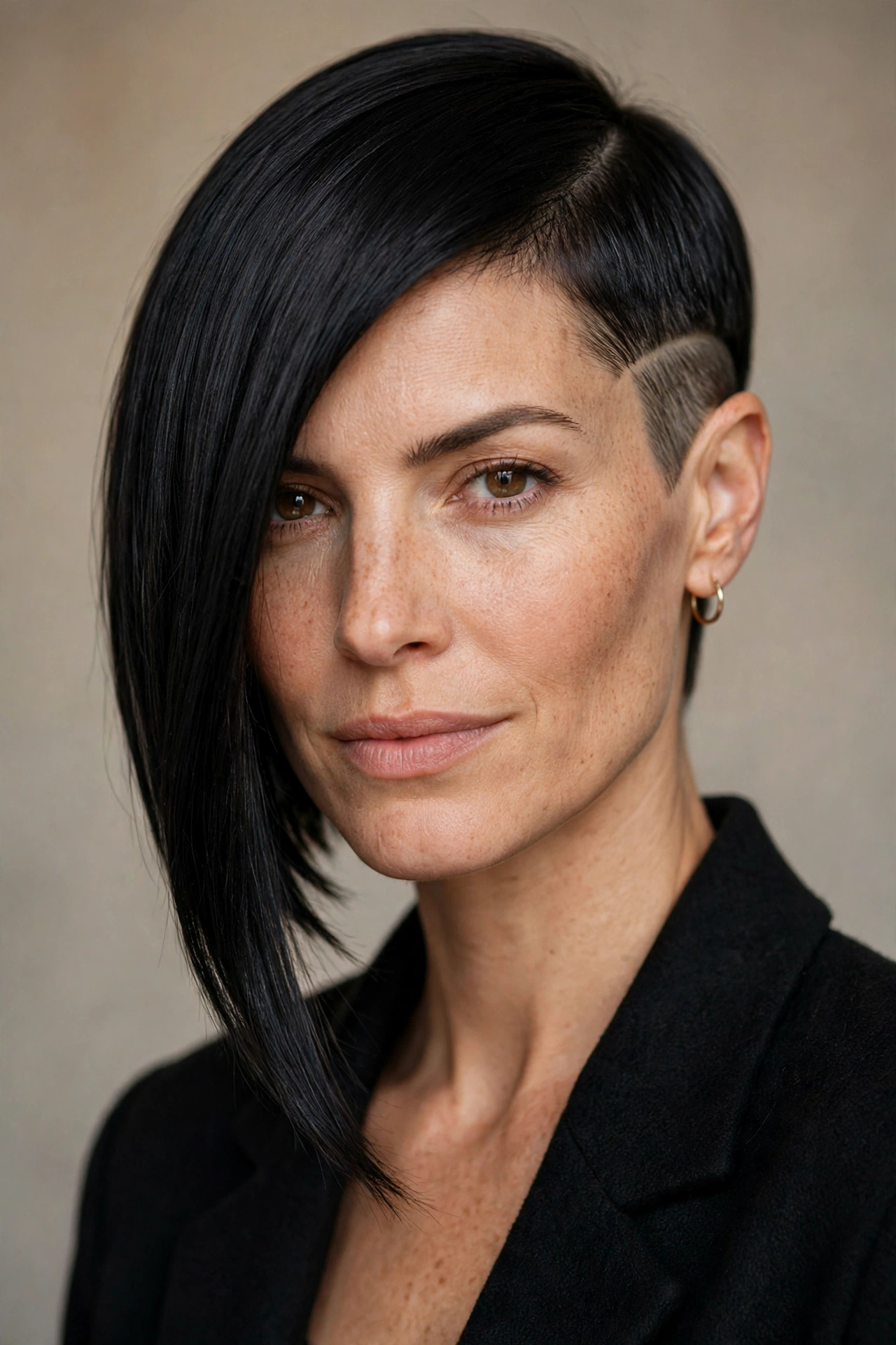 Dramatic asymmetrical pixie bob with one very long side