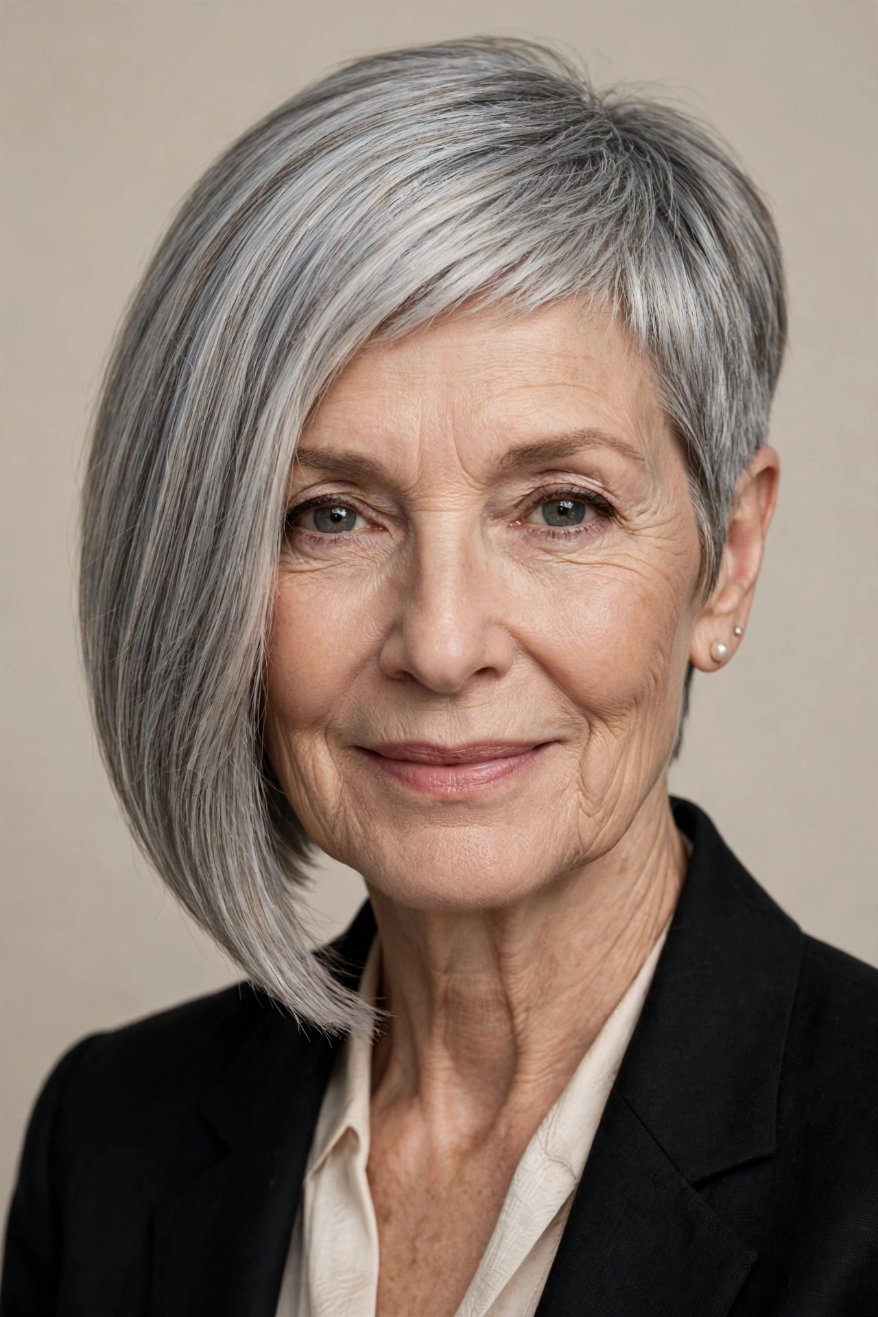 Asymmetrical pixie bob for fine hair with a blunt long side
