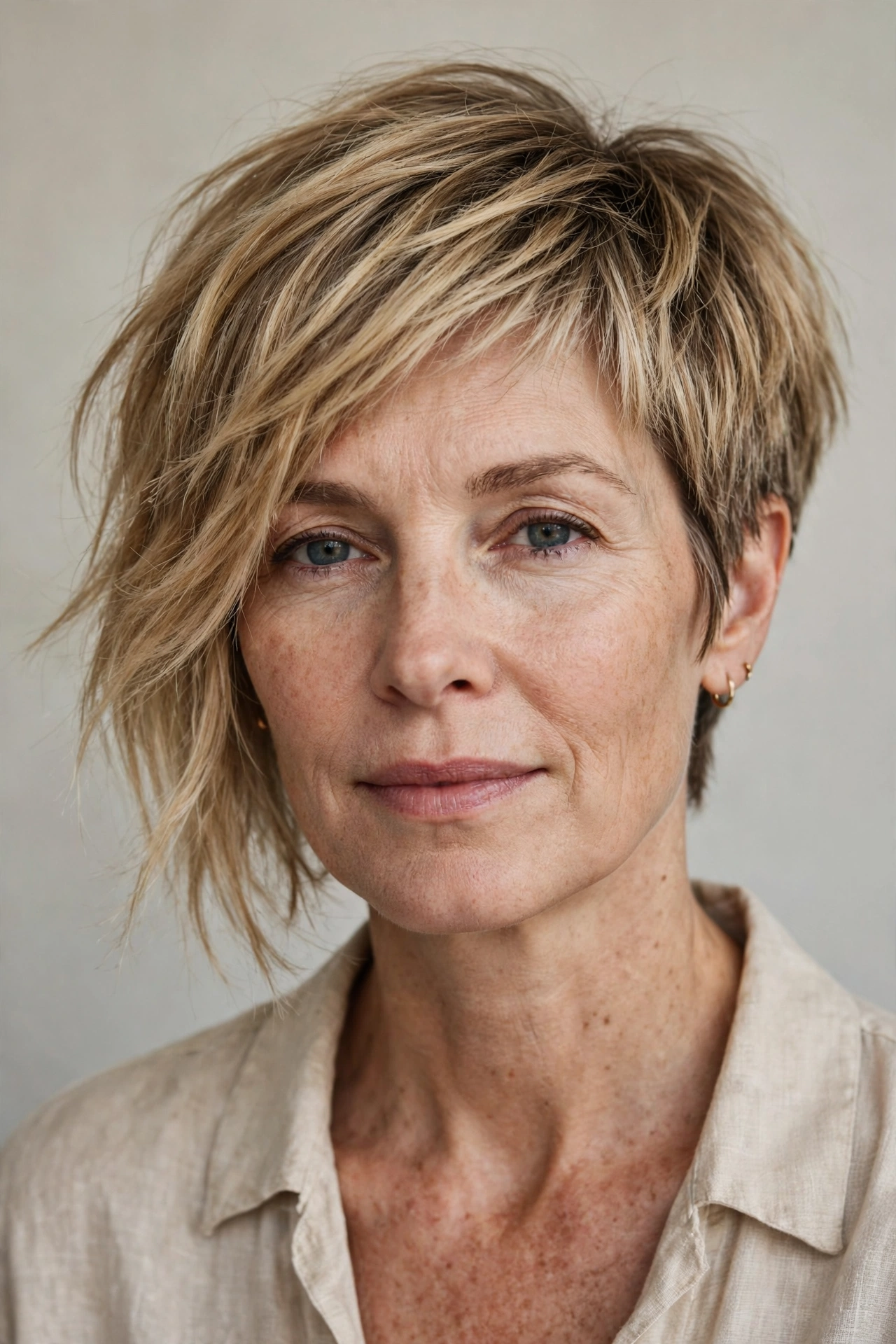 Grown out asymmetrical pixie bob with softened uneven lengths