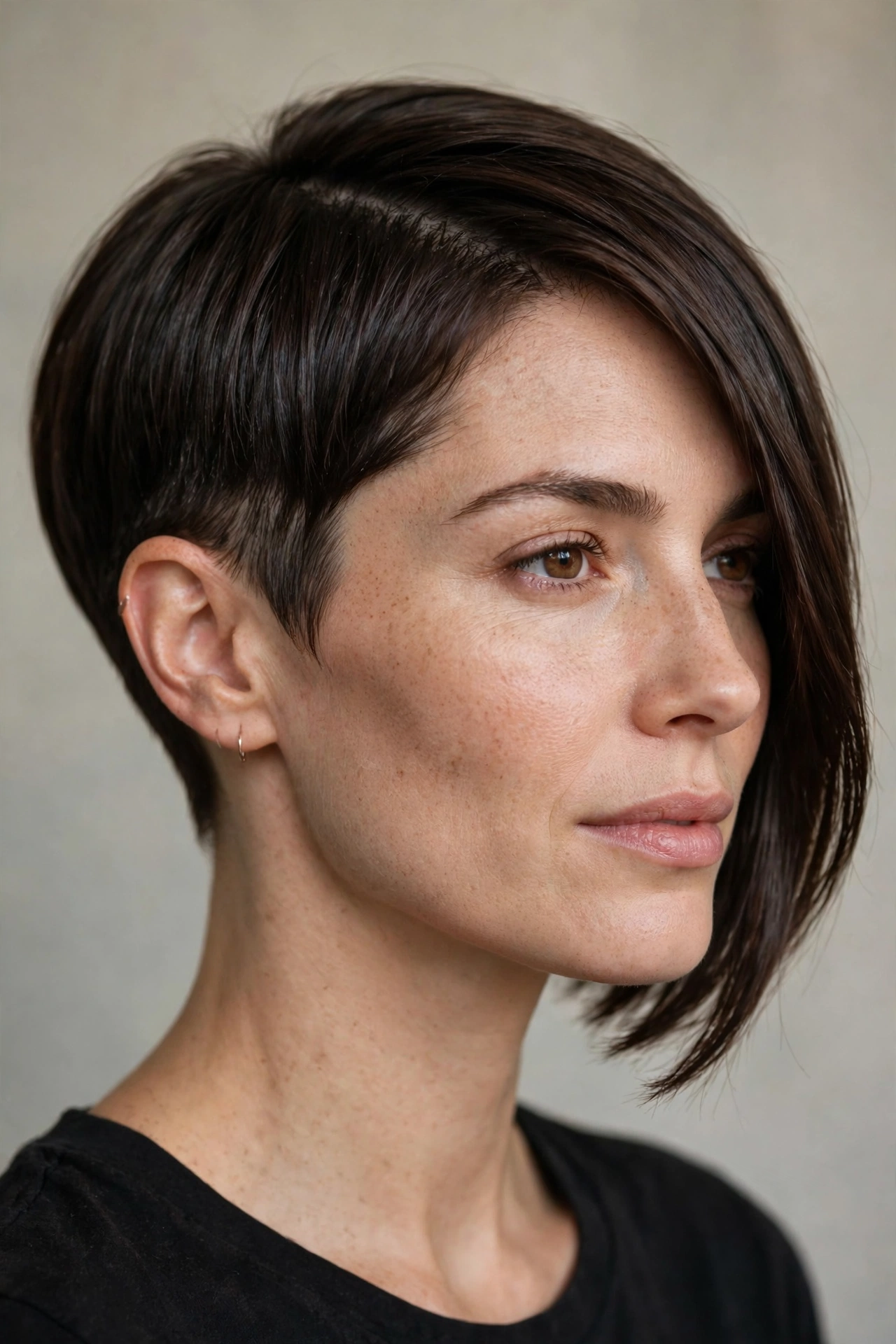 Asymmetrical pixie bob haircut with one short side and one long chin length side