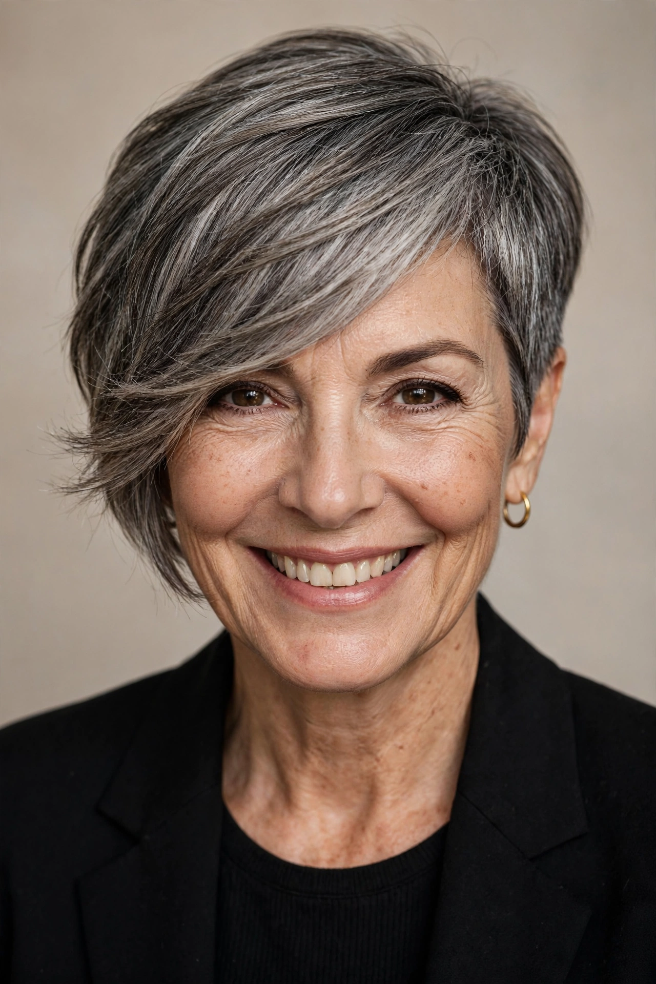 Elegant asymmetrical pixie bob for women over 50 with salt and pepper hair