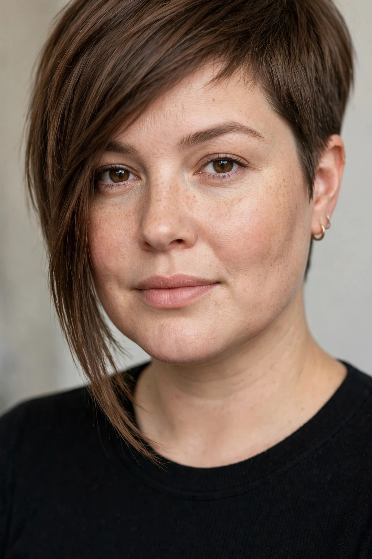 Asymmetrical pixie bob for a round face with a long front piece
