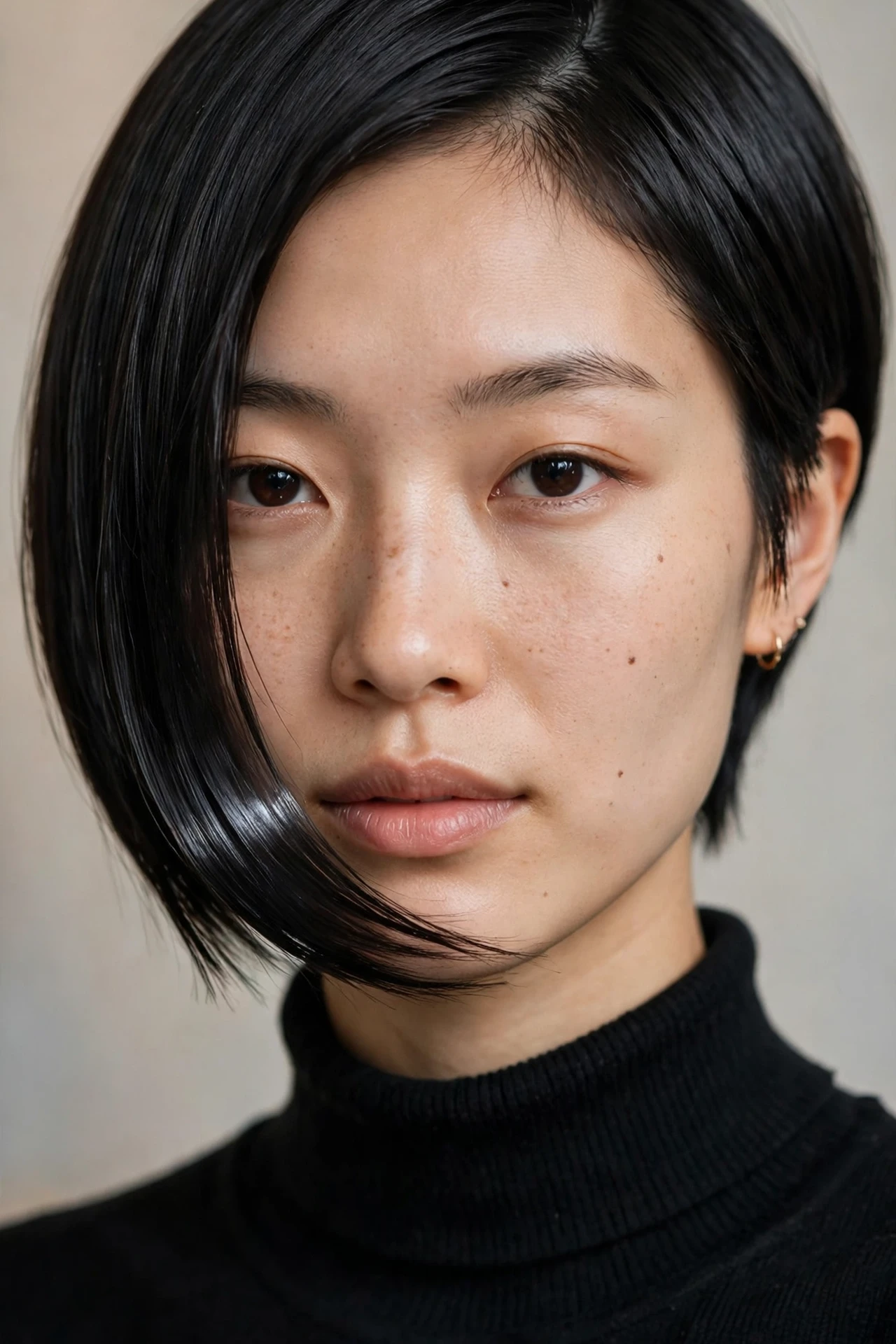 Sleek glass hair asymmetrical pixie bob with a mirror shine finish