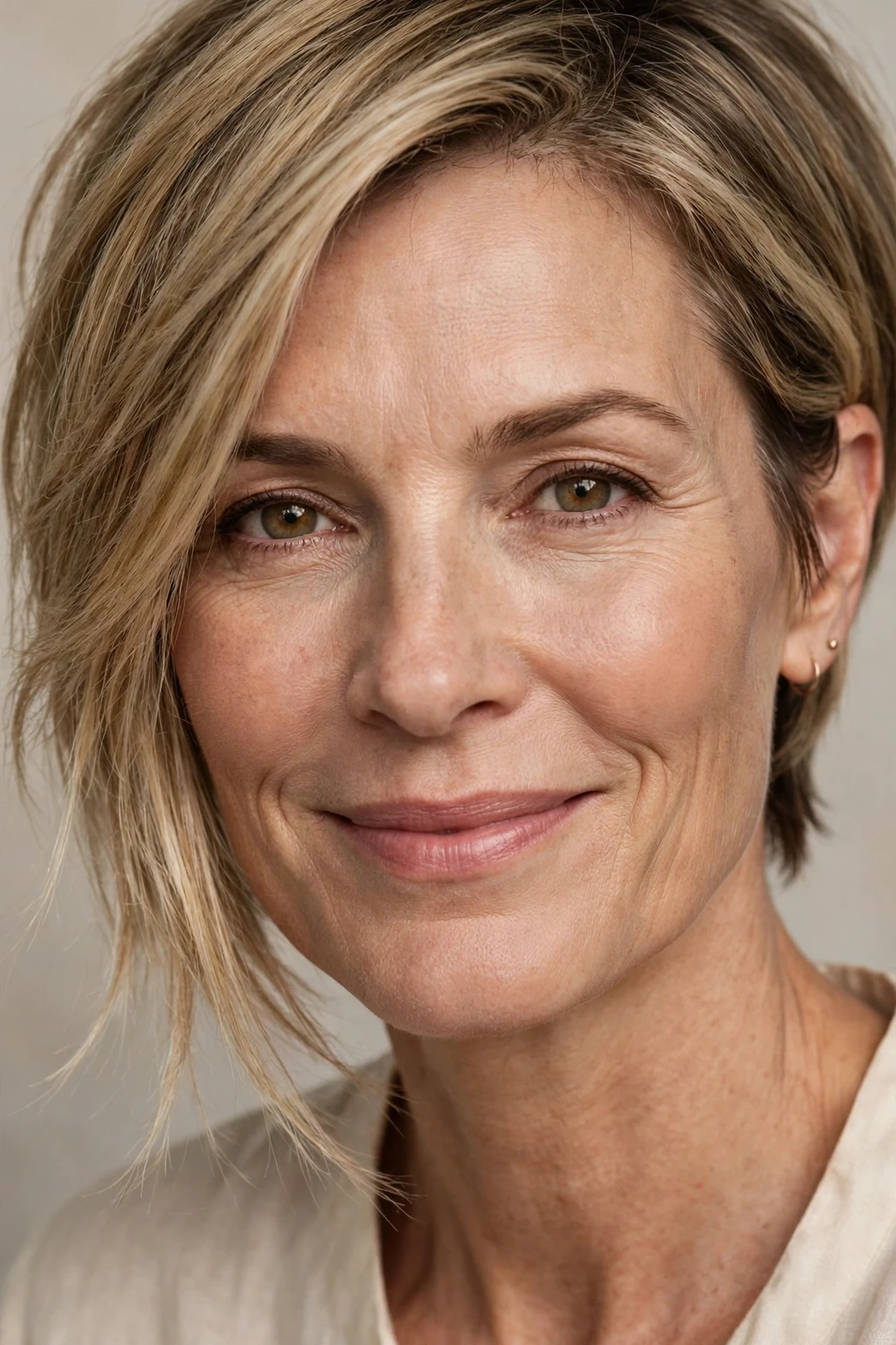 Soft asymmetrical pixie bob for a square face with a wispy long side