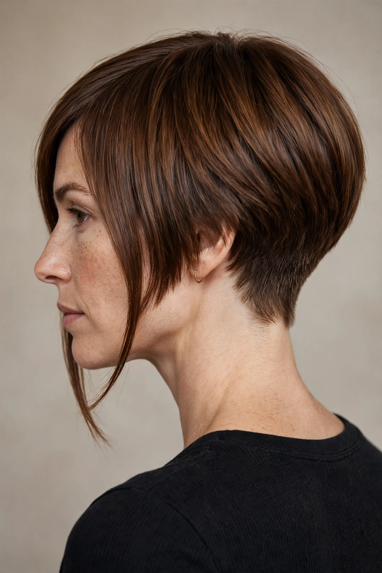 Asymmetrical pixie bob with a clean tapered nape viewed from the side
