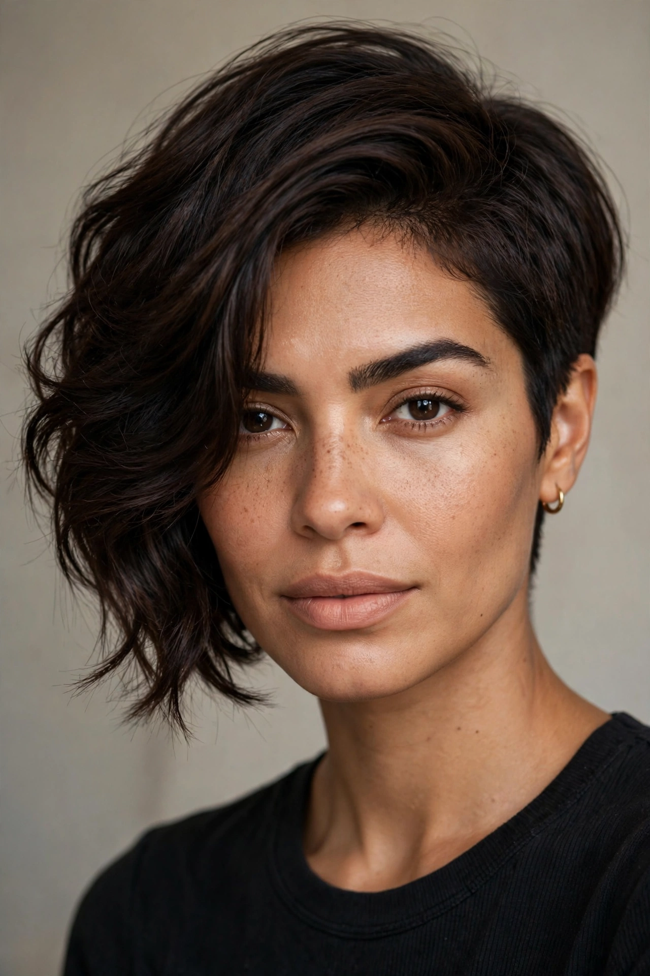 Asymmetrical pixie bob for thick hair with a thinned short side