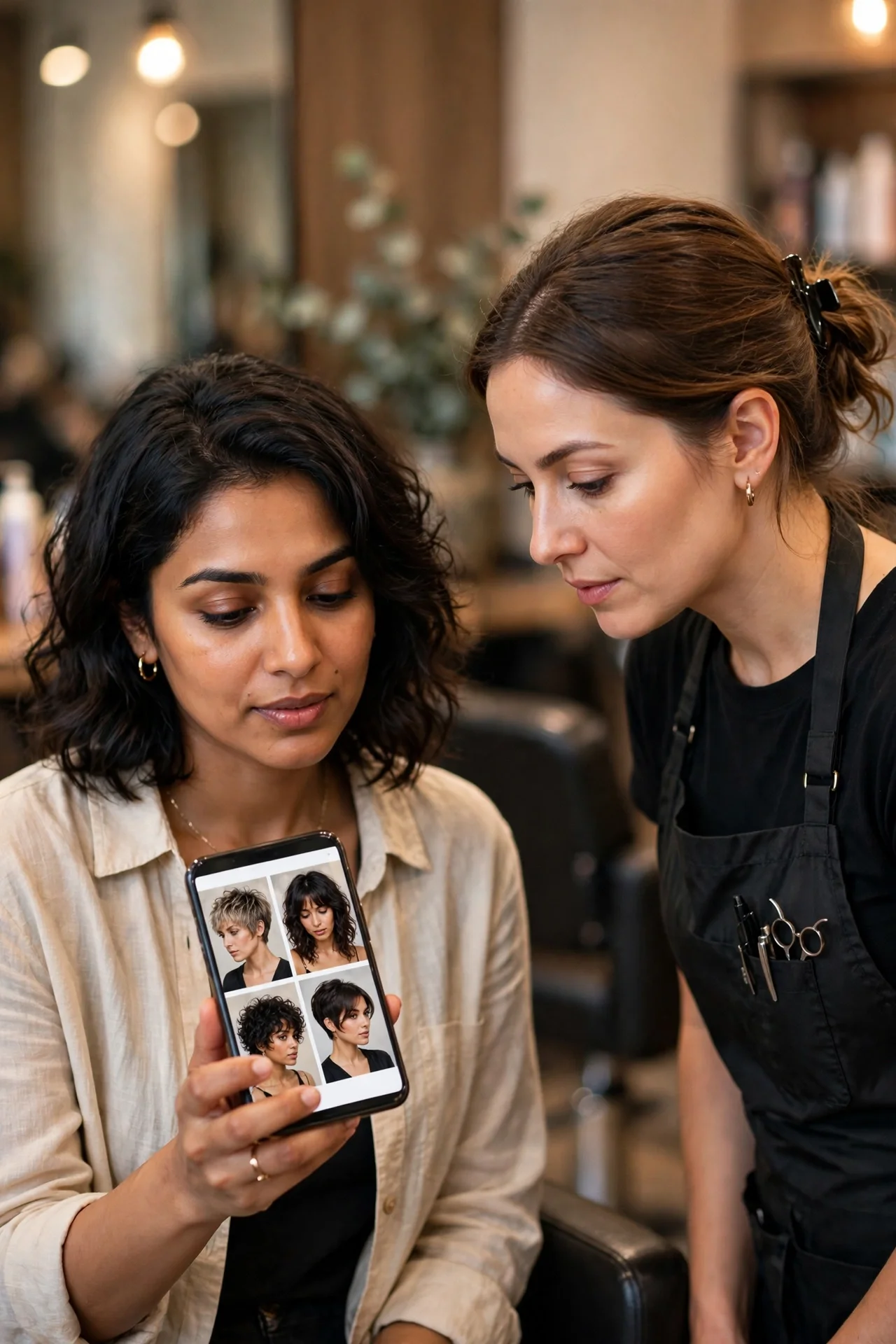 Hair consultation, client showing bixie haircut reference photos to her stylist in a salon