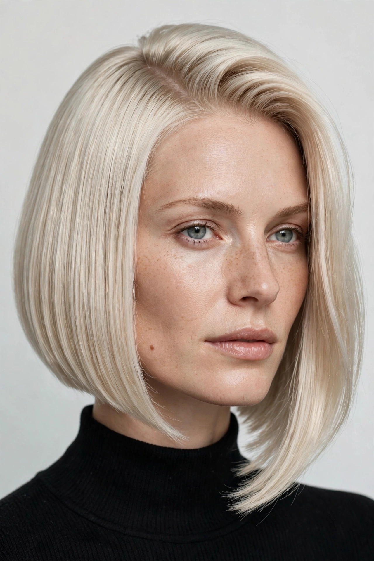 Asymmetric bob on straight platinum hair with deep side part